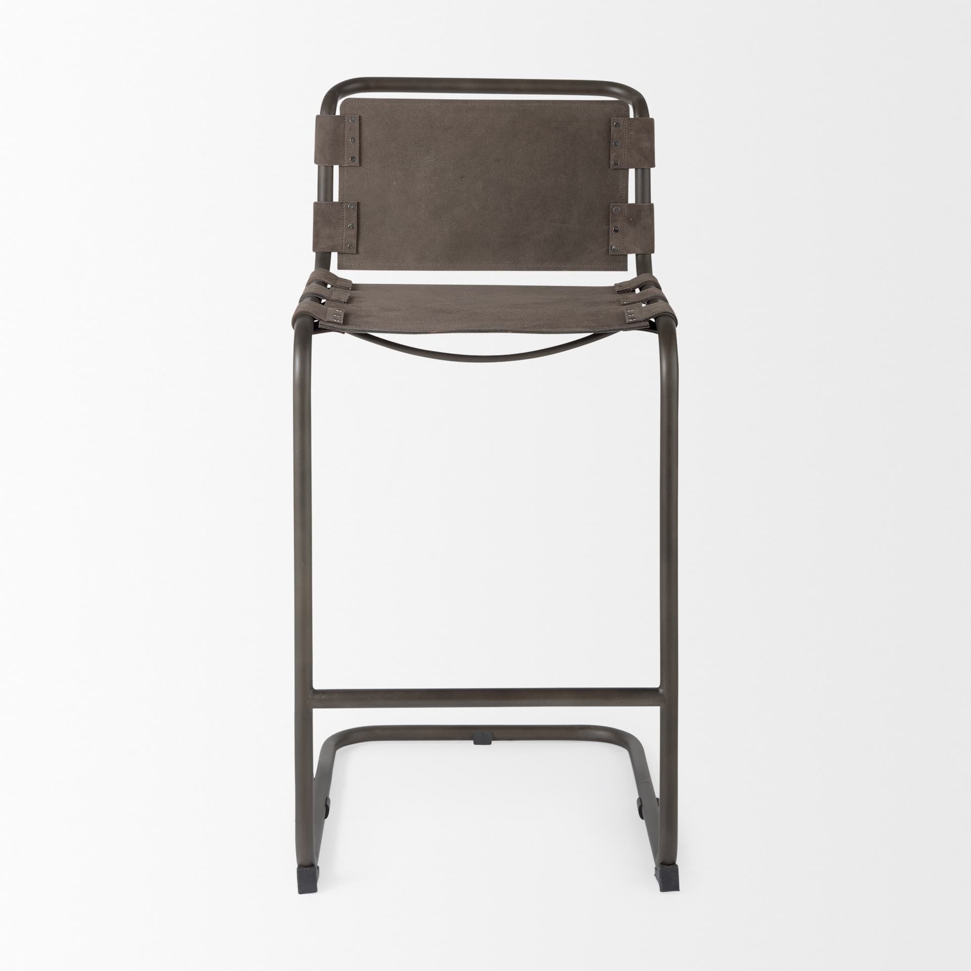 Berbick Backless 43in Seat Bar Stool | Brown/Gray Suede w/ Gray Metal — product photograph