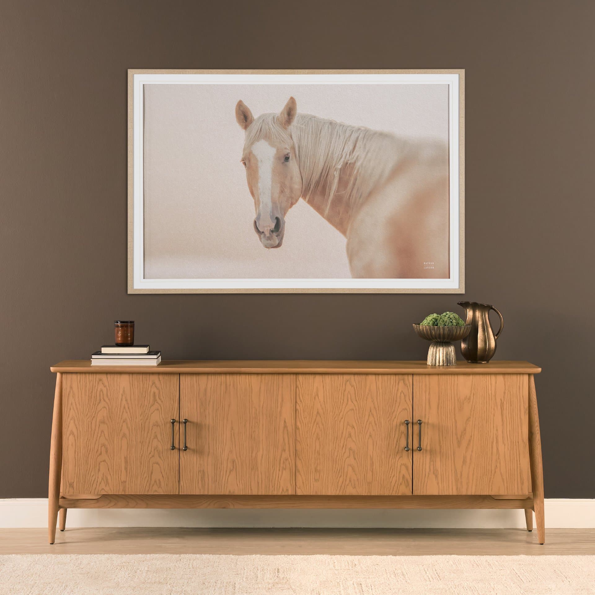 Hollis Warm Brown Wood 4-Door Closed Sideboard — in a styled room