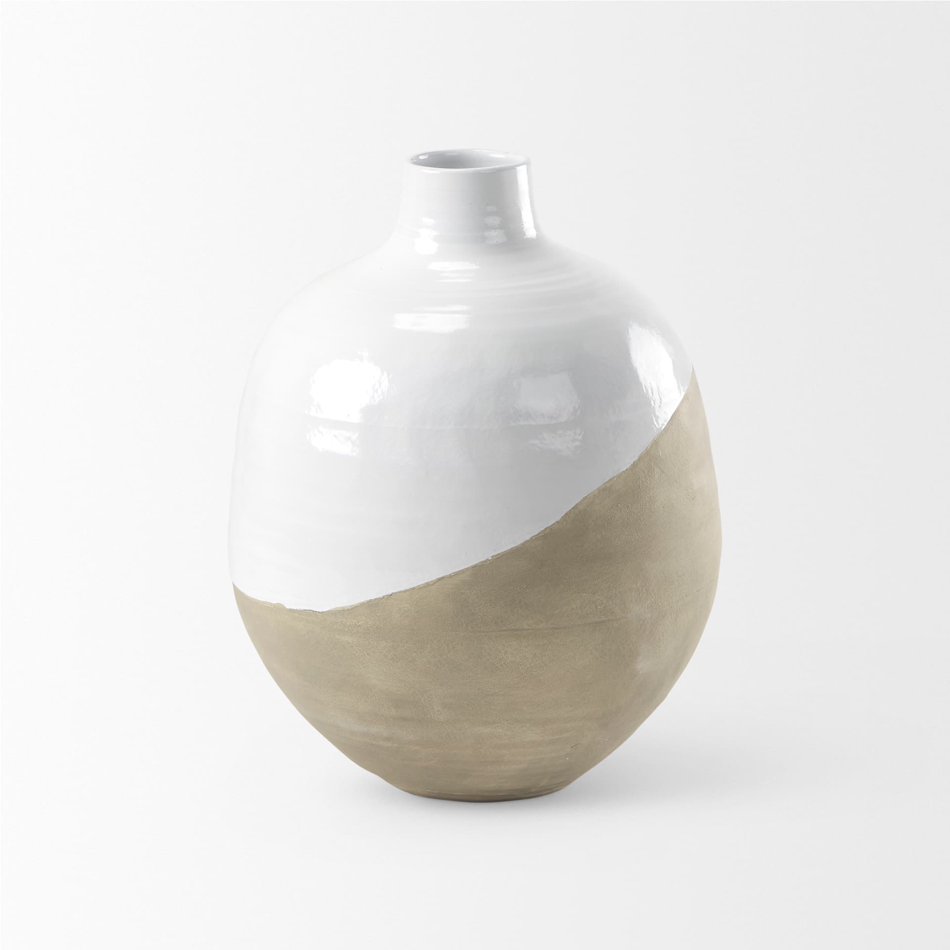 Amos 18.5L x 18.5W x 24.4H White and Dark Beige Color Blocked Ceramic Floor Vase — product photograph