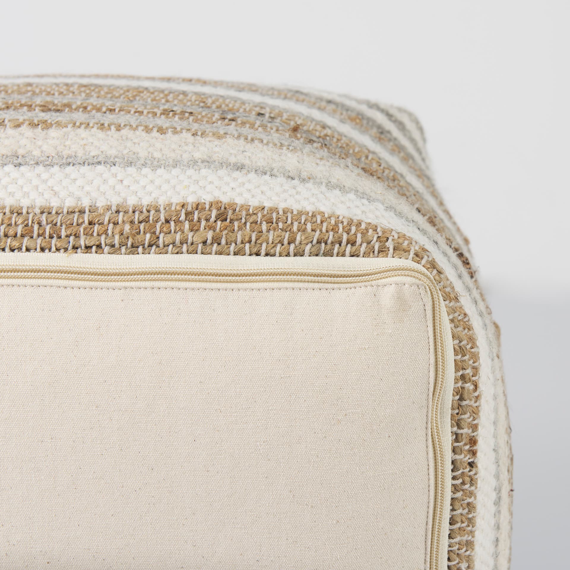 Aahana 16.0L x 16.0W x 16.0H White/Taupe/Gray Striped Hemp and Cotton Pouf — product photograph