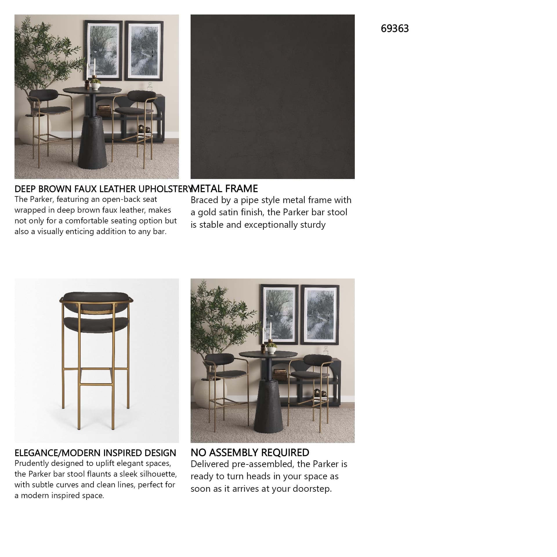 Parker Backless 40in Seat Bar Stool | Brown Faux Leather w/ Gold Metal — product photograph