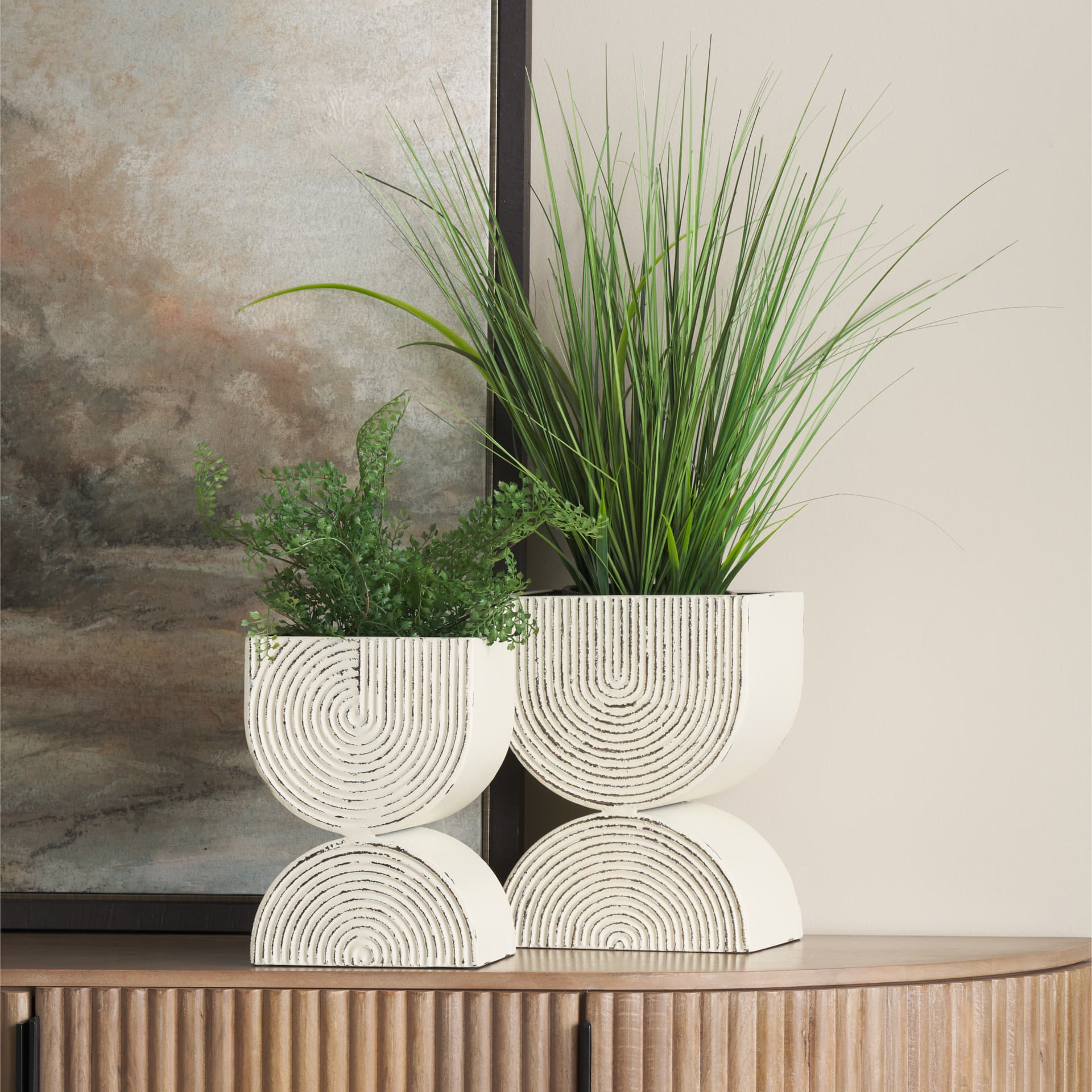 Medina Off White w/ Gold Antiquing Tall Metal Planters (Set of 2) — in a styled room