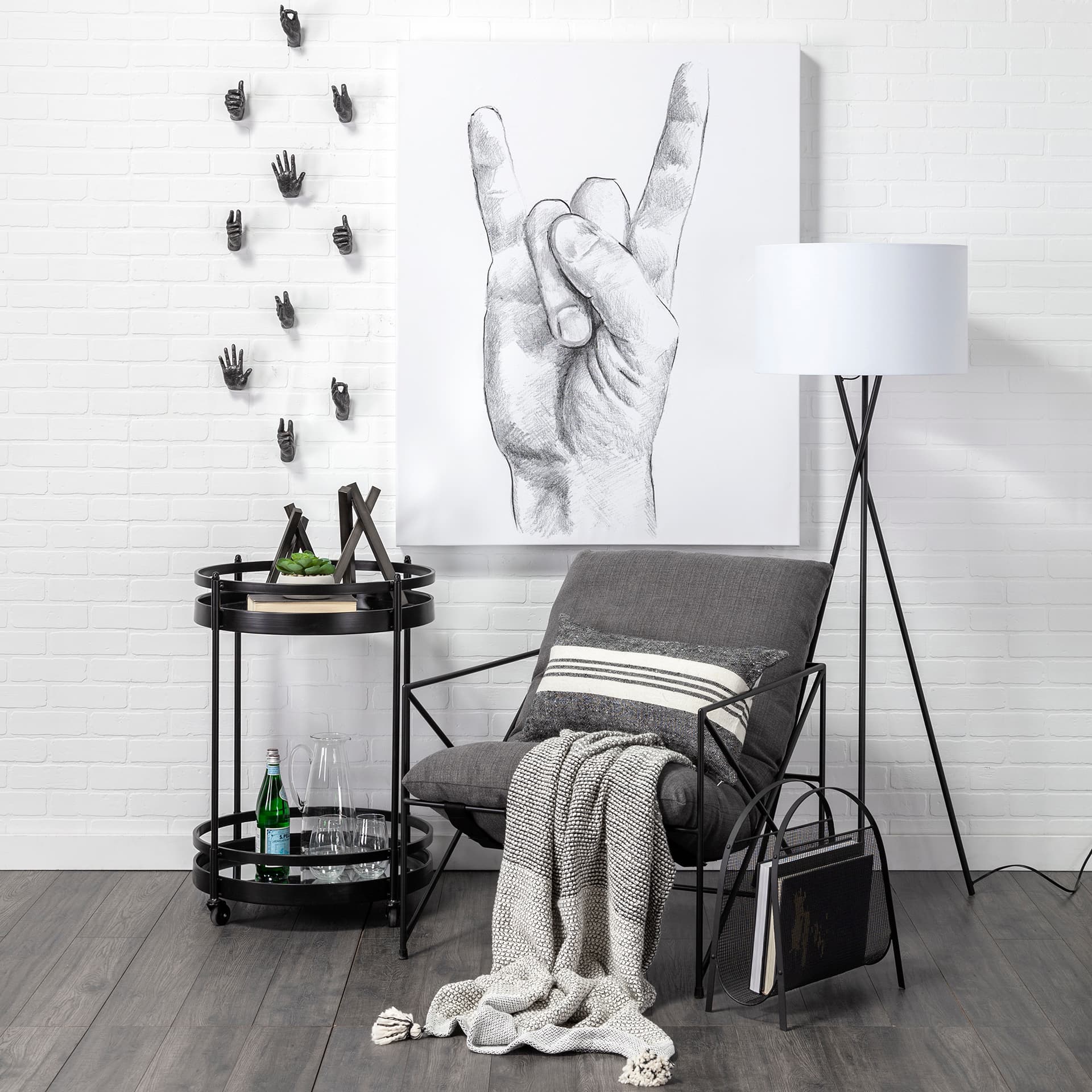 Leonidas 28.5L x 29.5W x 34.0H Grey Fabric Wrap Black Metal Frame Accent Chair — in a styled room