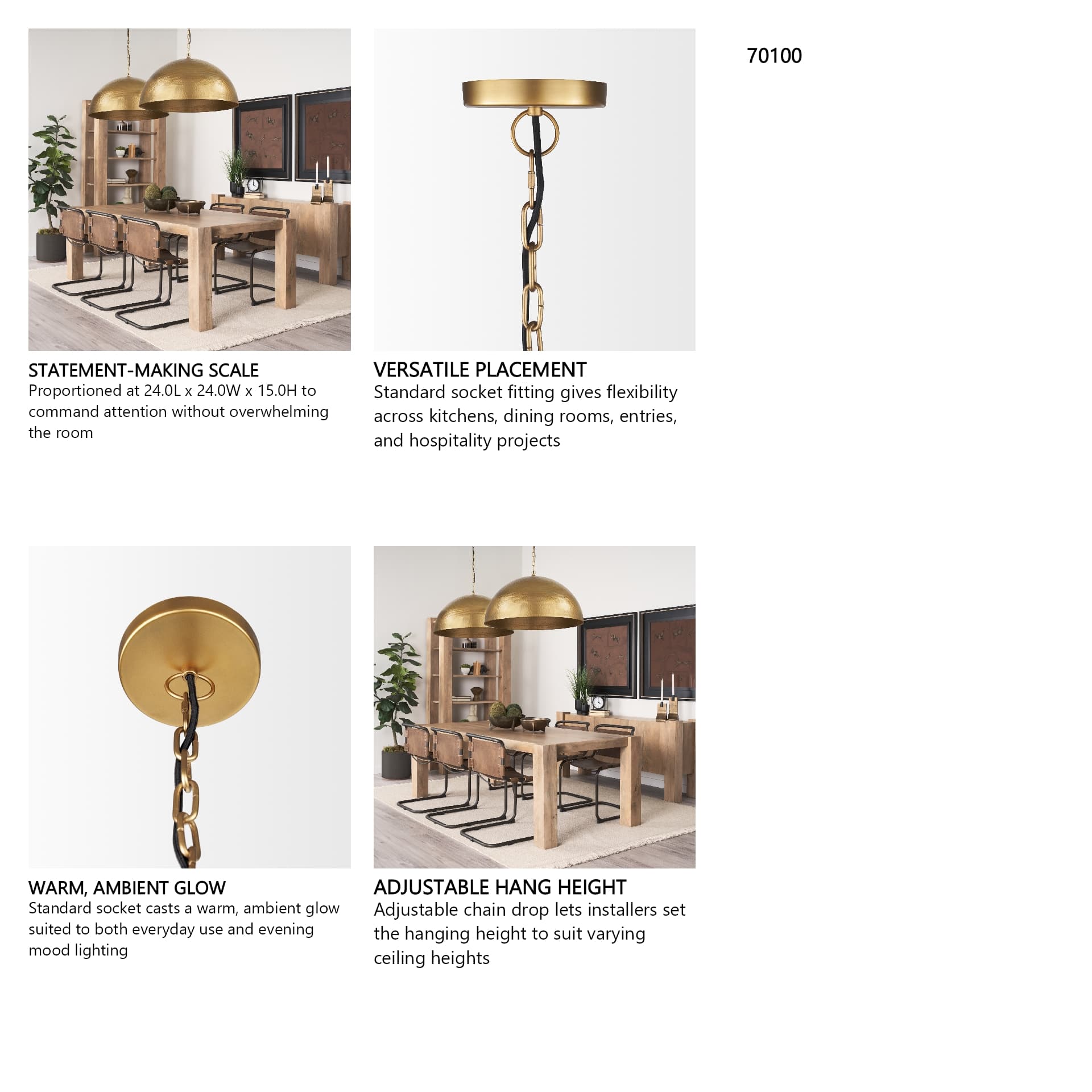 Karina 24" Round Brass-tone Hammered Metal Dome Pendant Light — in a styled room