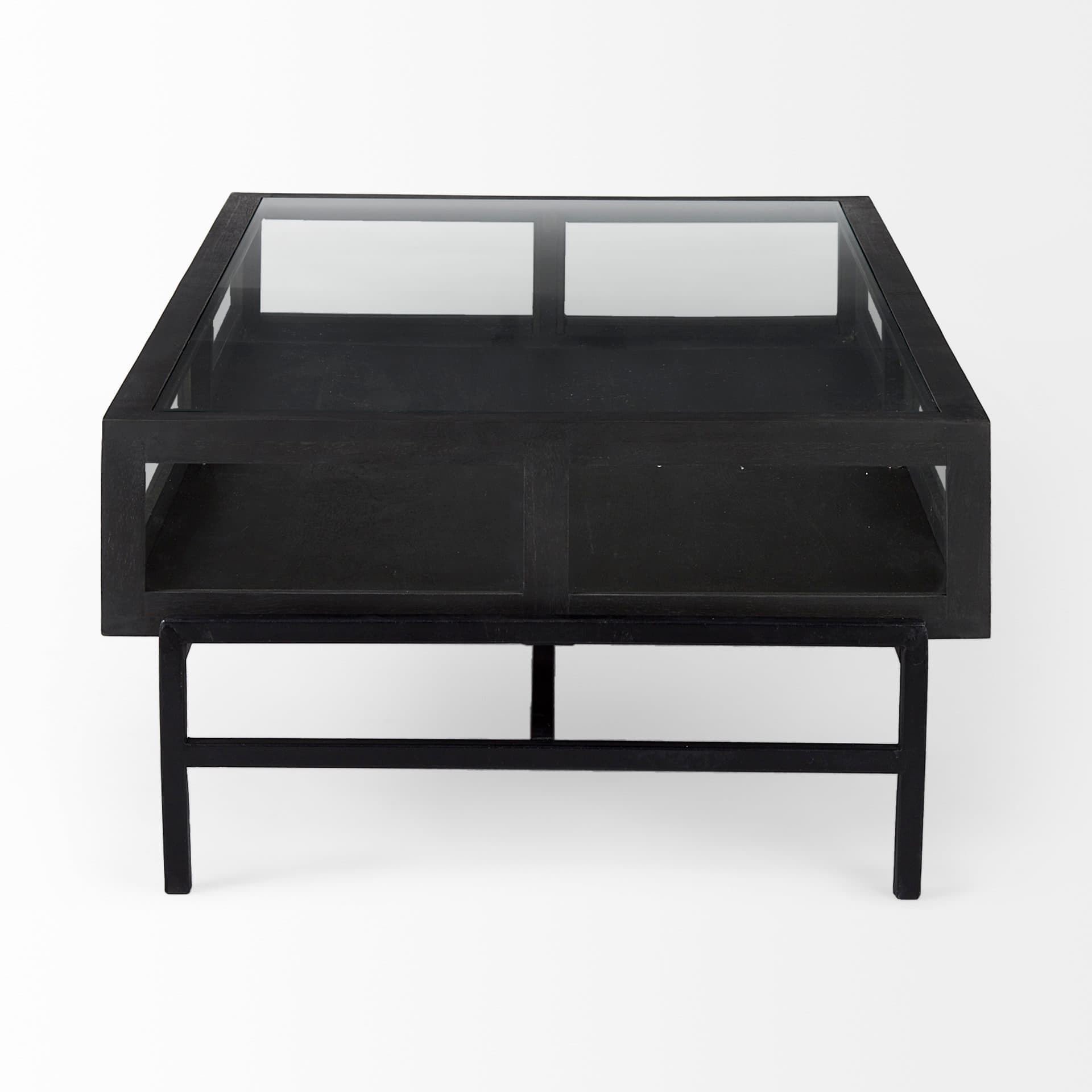 Arelius 49.5"L Rectangular Glass-Top Black-Brown Wood w/ Black Metal Base Display Coffee Table — product photograph