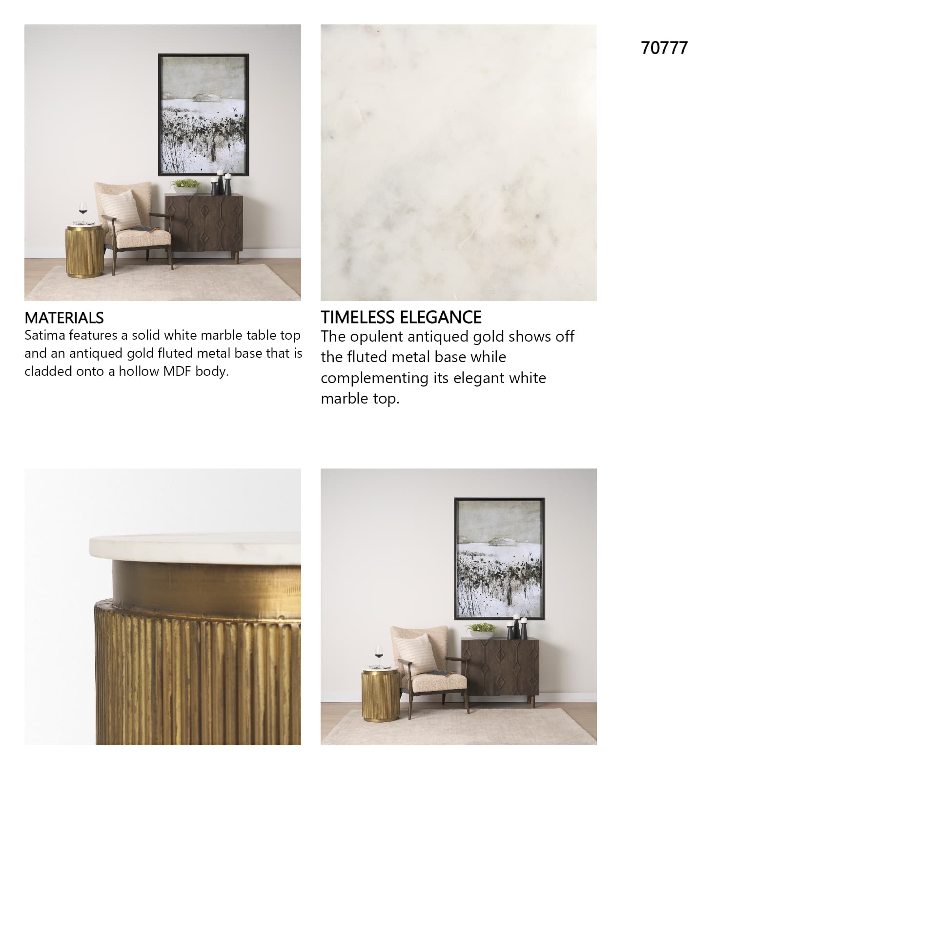 Satima White Marble w/ Gold Metal Round Fluted Accent Table — product photograph