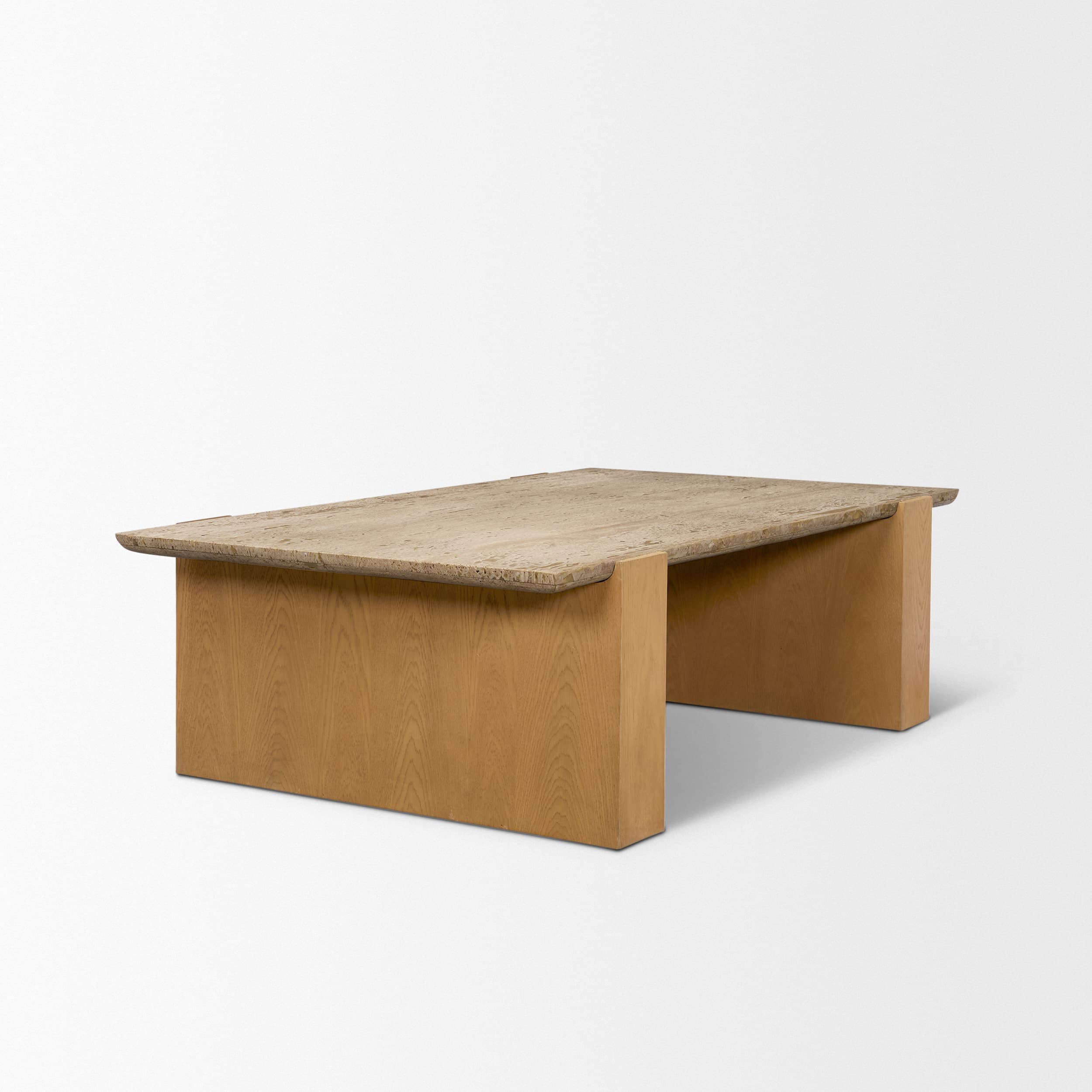Milos Travertine Top w/ Light Brown Oak Wood Coffee Table — product photograph