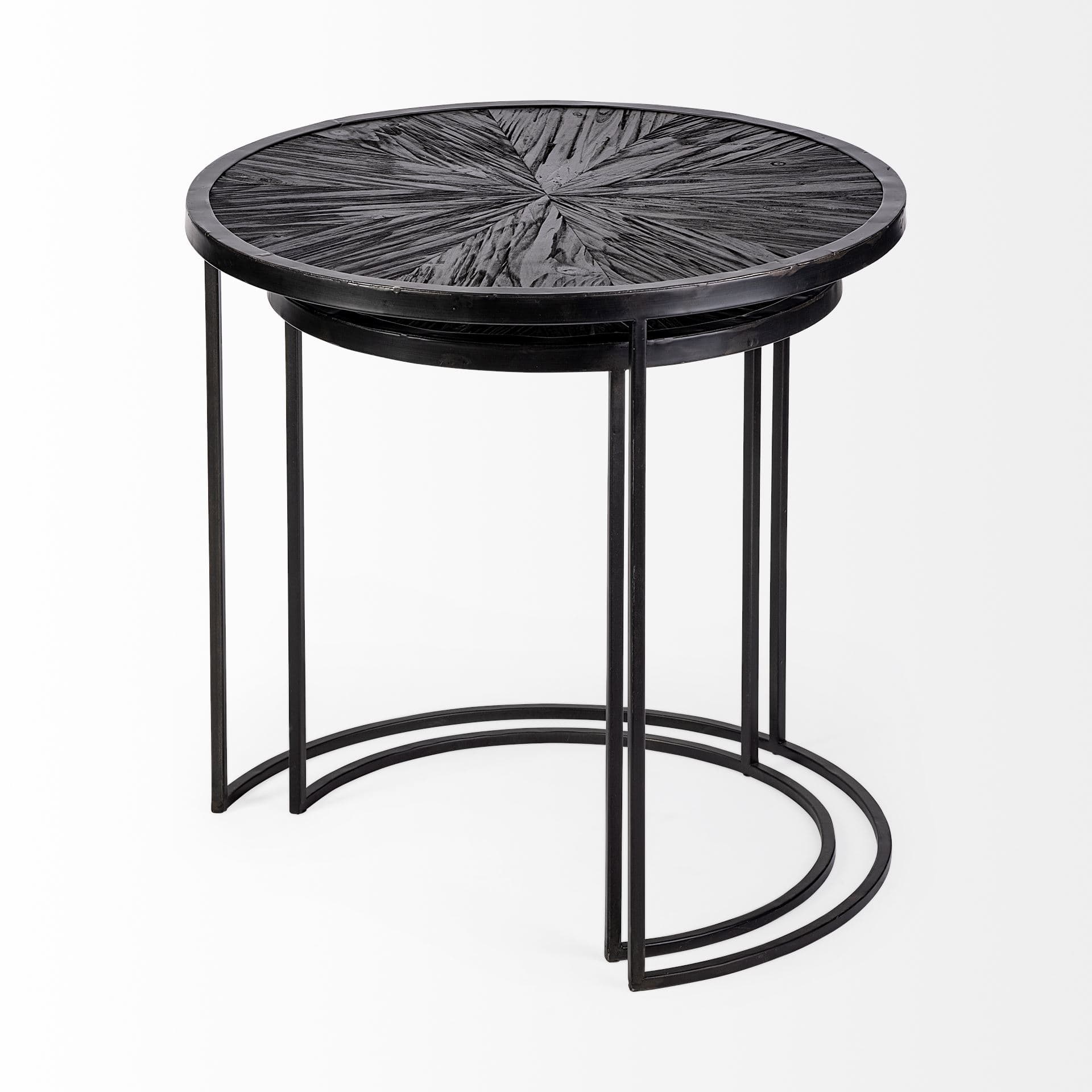 Chakra 19.7" Set of Two Round Dark Wood Top Black Frame Accent Tables — product photograph
