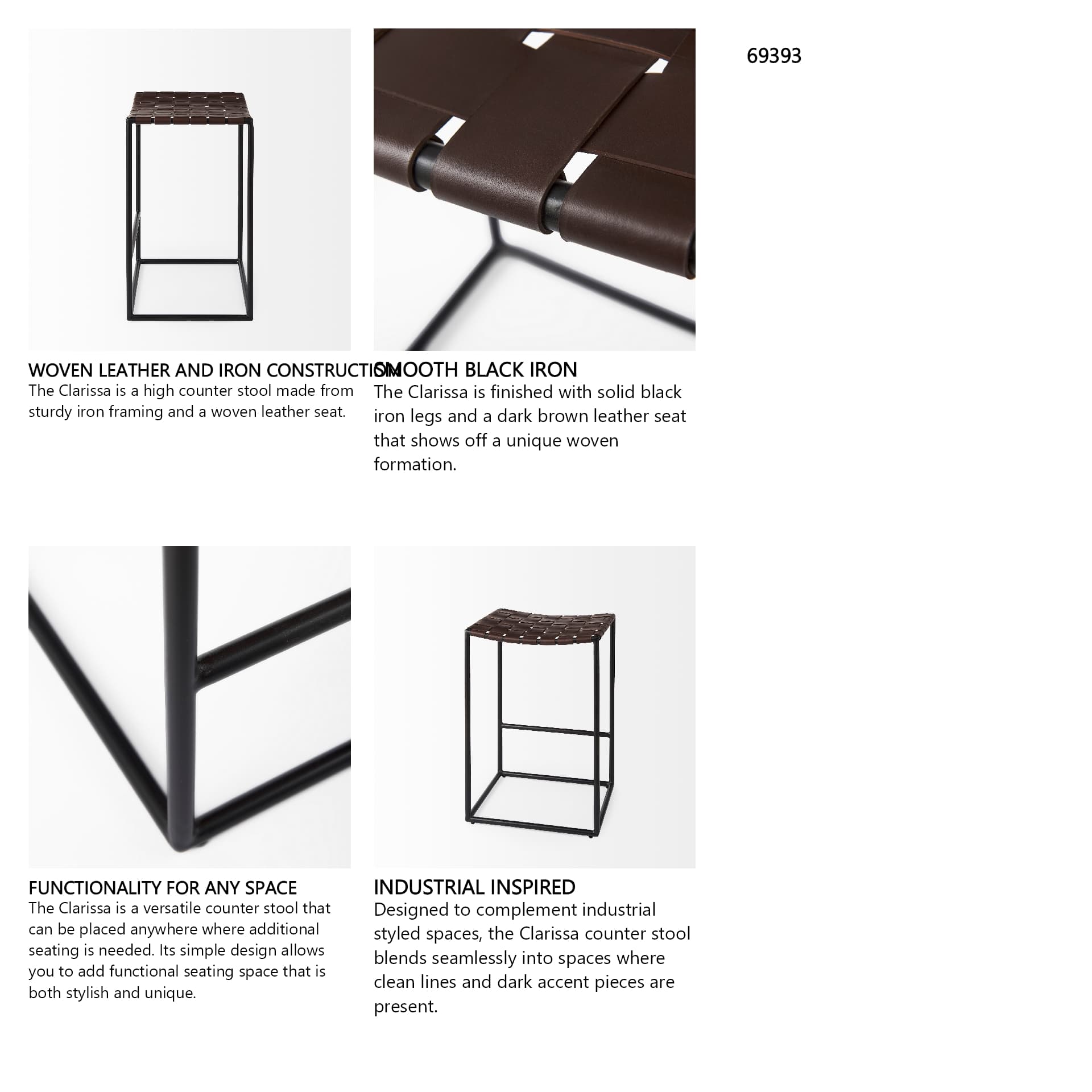 Clarissa Backless 26.25in Seat Counter Stool | Brown Leather w/ Metal — product photograph