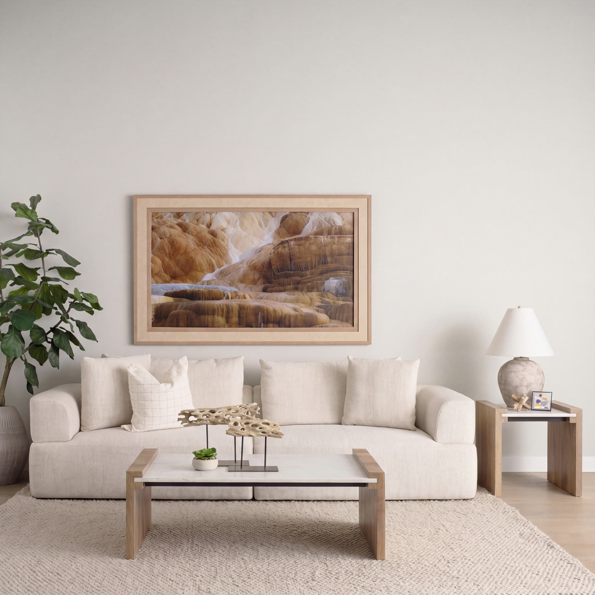 Athens Light Brown Wood w/ White Marble Accent Table — in a styled room