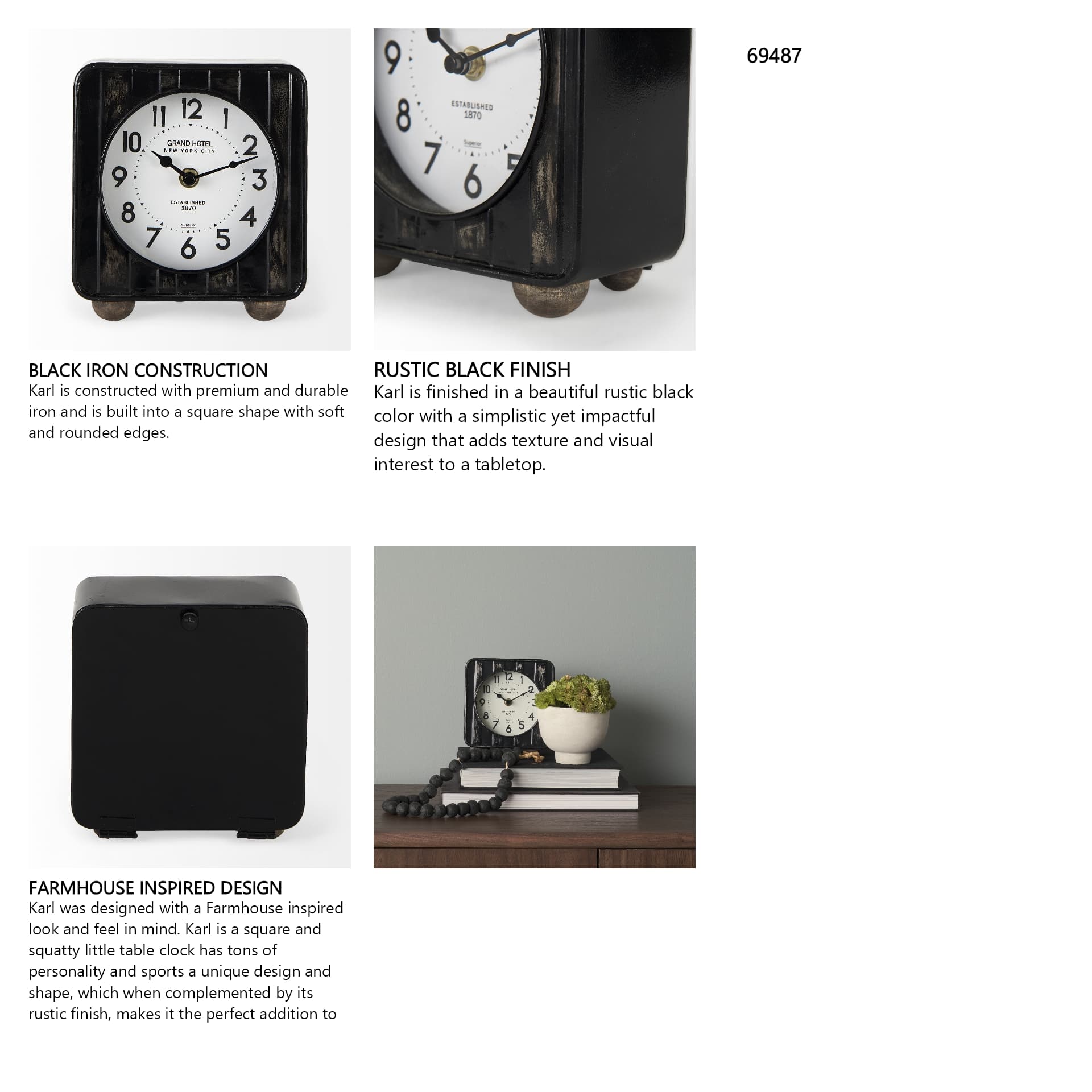 Karl 6.0L x 3.0W x 6.8H Rustic Black Iron Rounded Square Table Clock — in a styled room