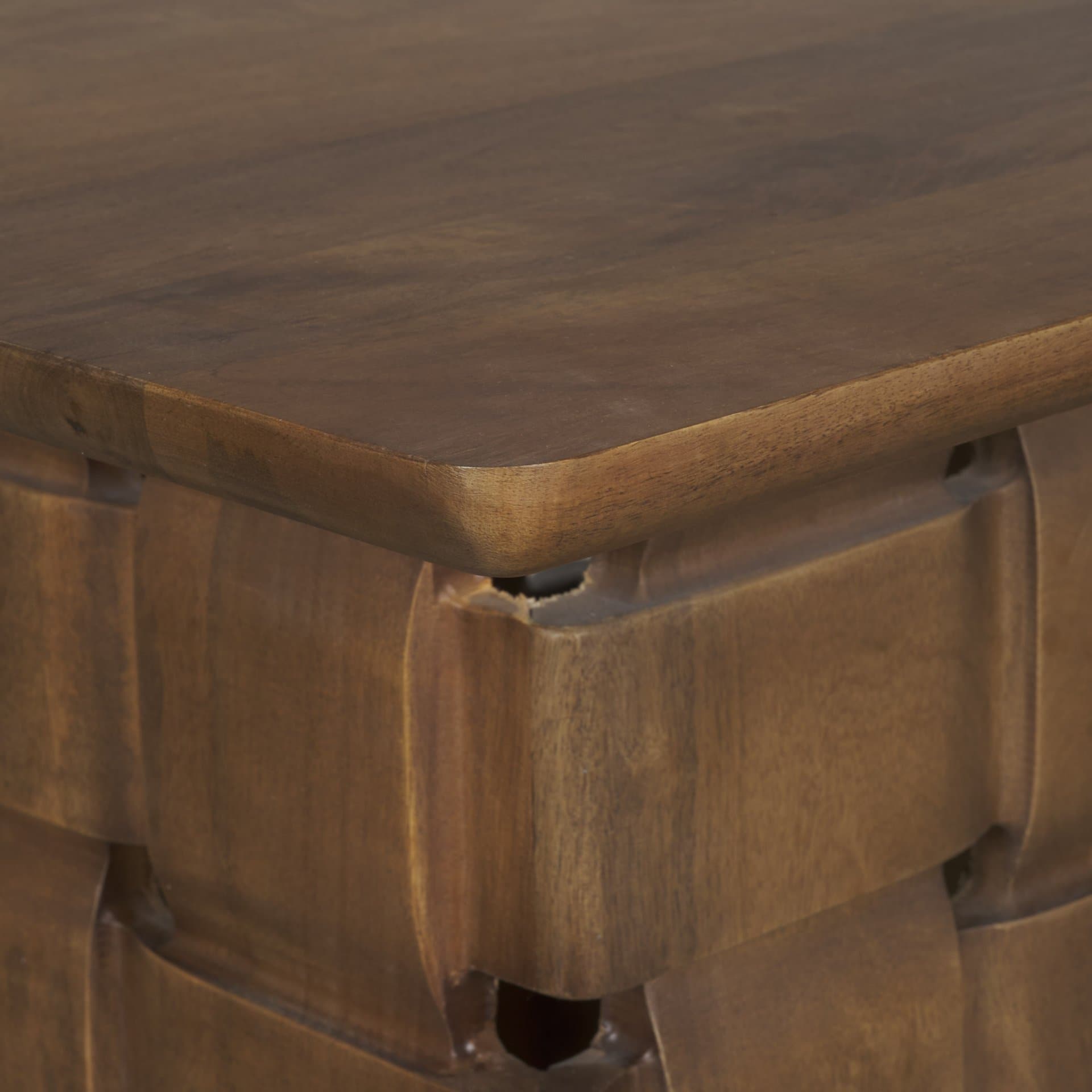 Trellyn Dark Brown Wood w/ Carved Woven Base Square Accent Table — product photograph