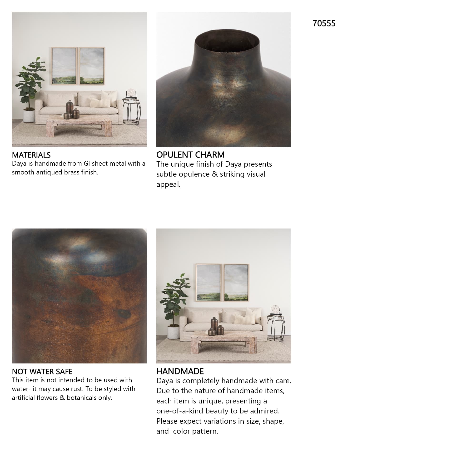 Daya Tall Antiqued Gold Metal Vase — in a styled room
