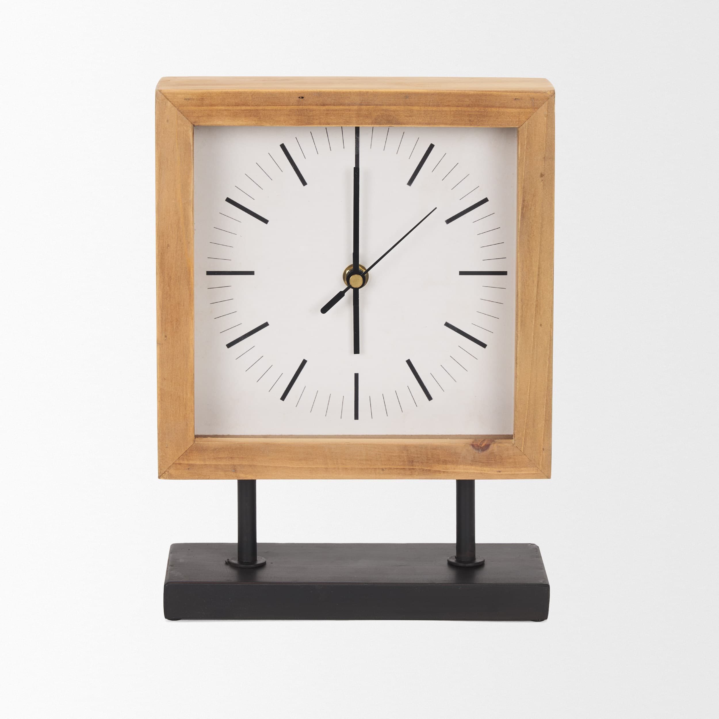 Renaya Light Brown Wood w/ Matte Black Metal Base Table Clock — product photograph