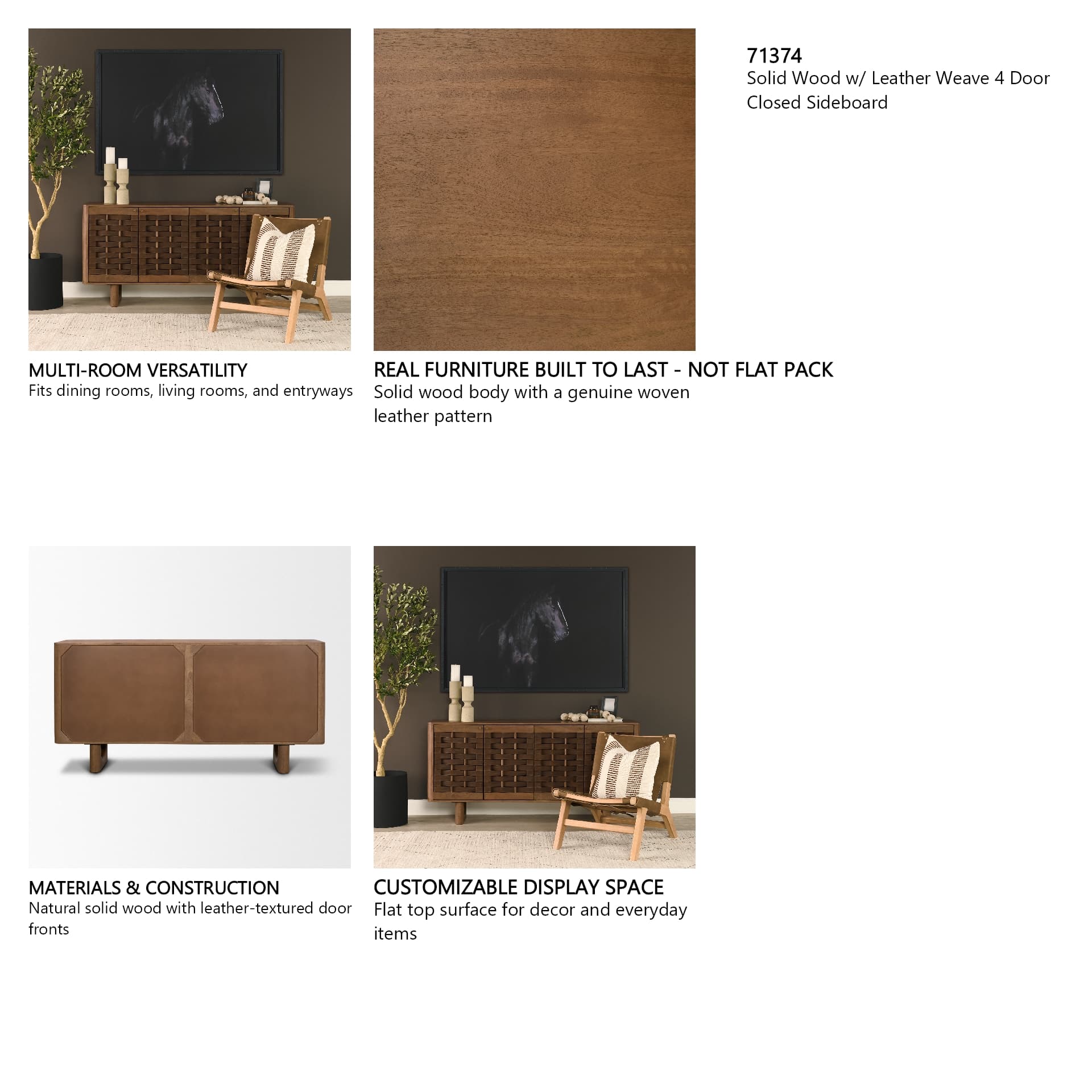 Wexlan Solid Wood w/ Leather Weave 4 Door Closed Sideboard — product photograph