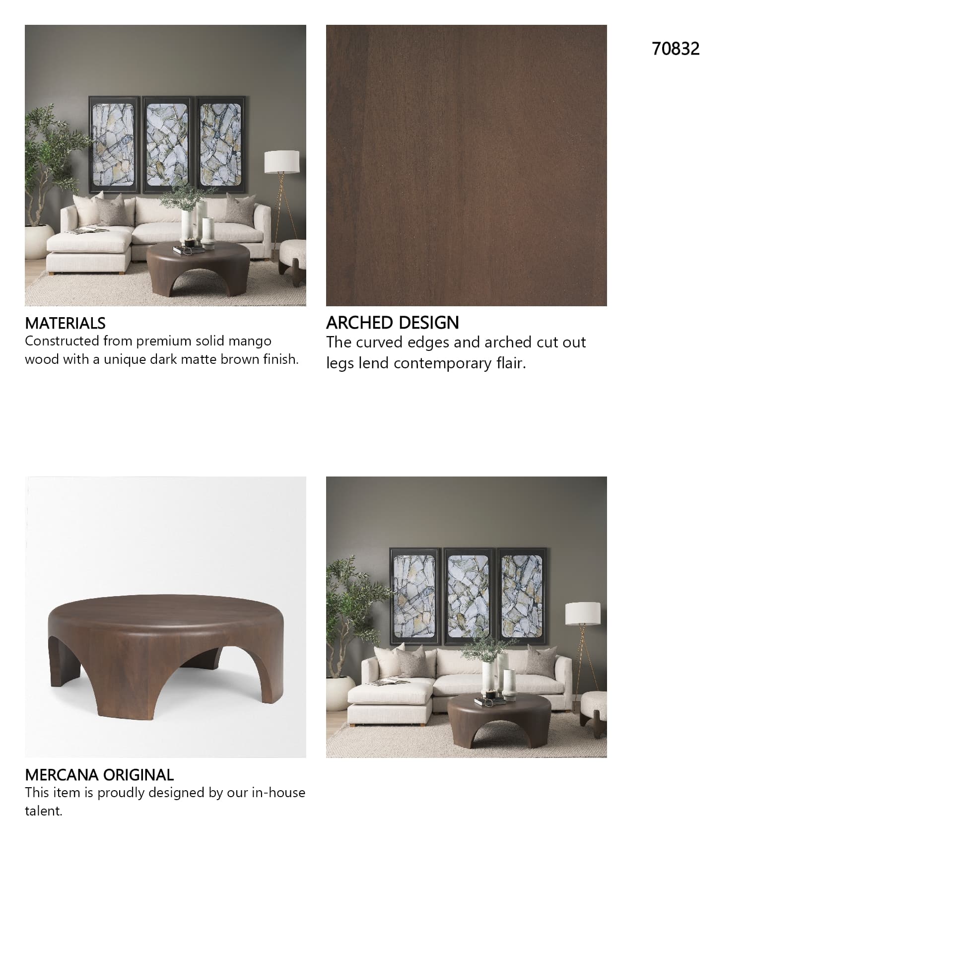 Shima Round Dark Brown Wood W/Arched Legs Coffee Table — in a styled room