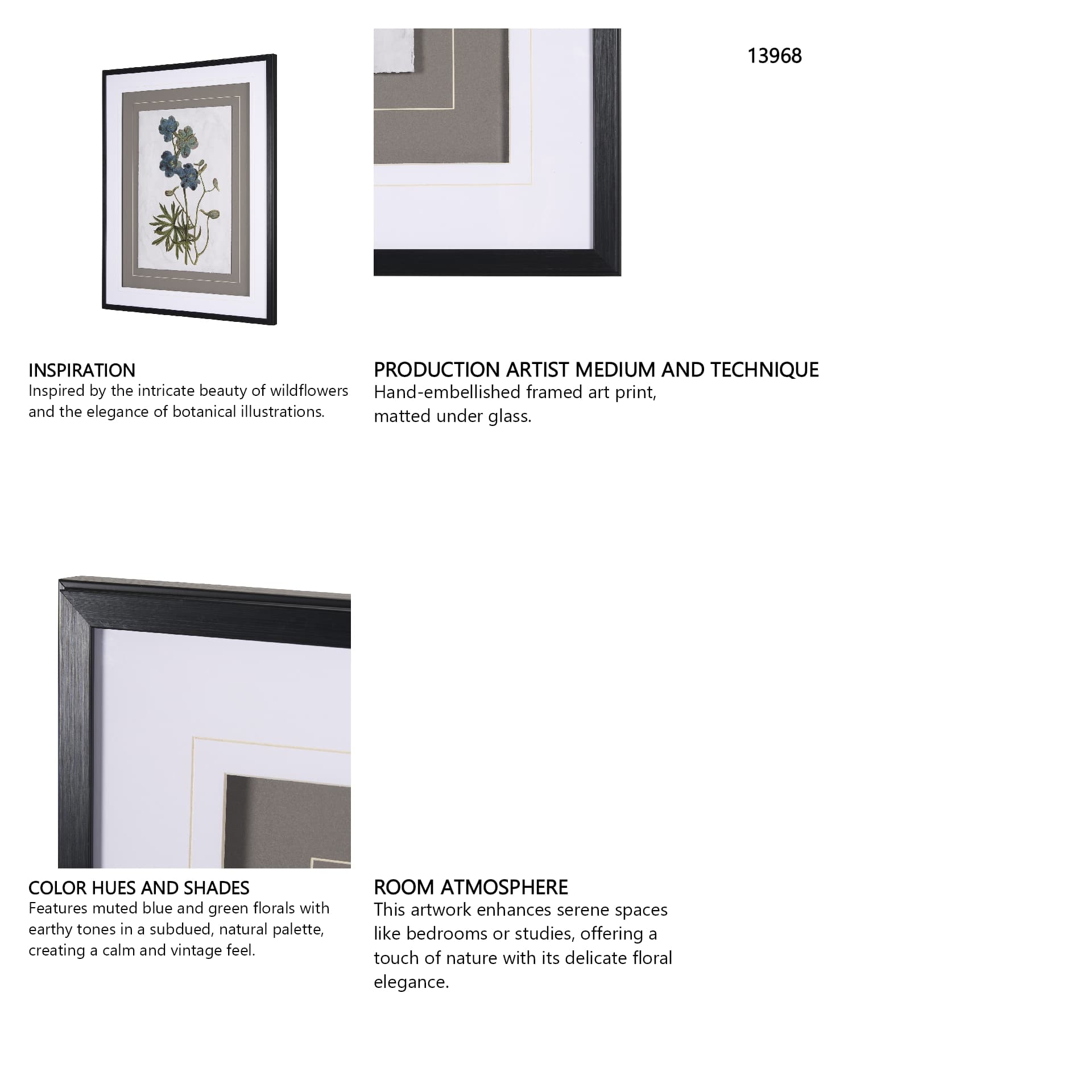 Soft Blue Botanoicals V by Mercana Studio Hand Embellished Framed Art Print Matted under Glass — in a styled room