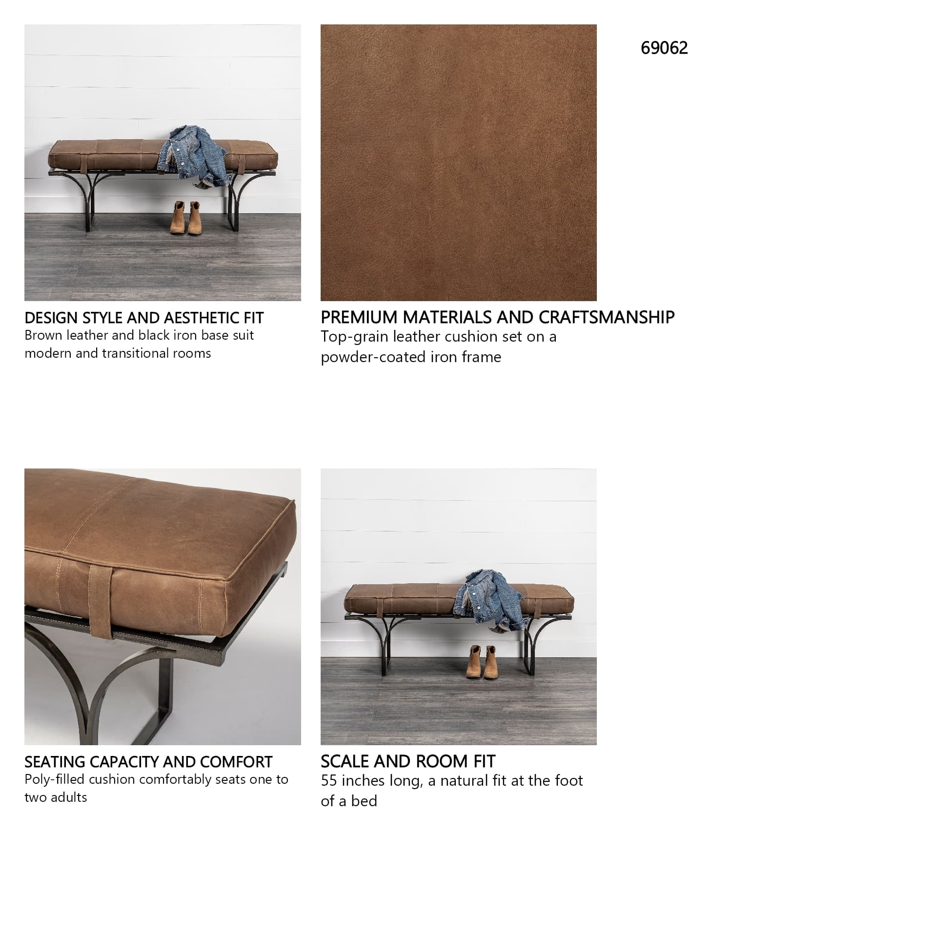 Jessie 55L x 16W Brown Leather Seat W/Black Metal Base Accent Bench — in a styled room