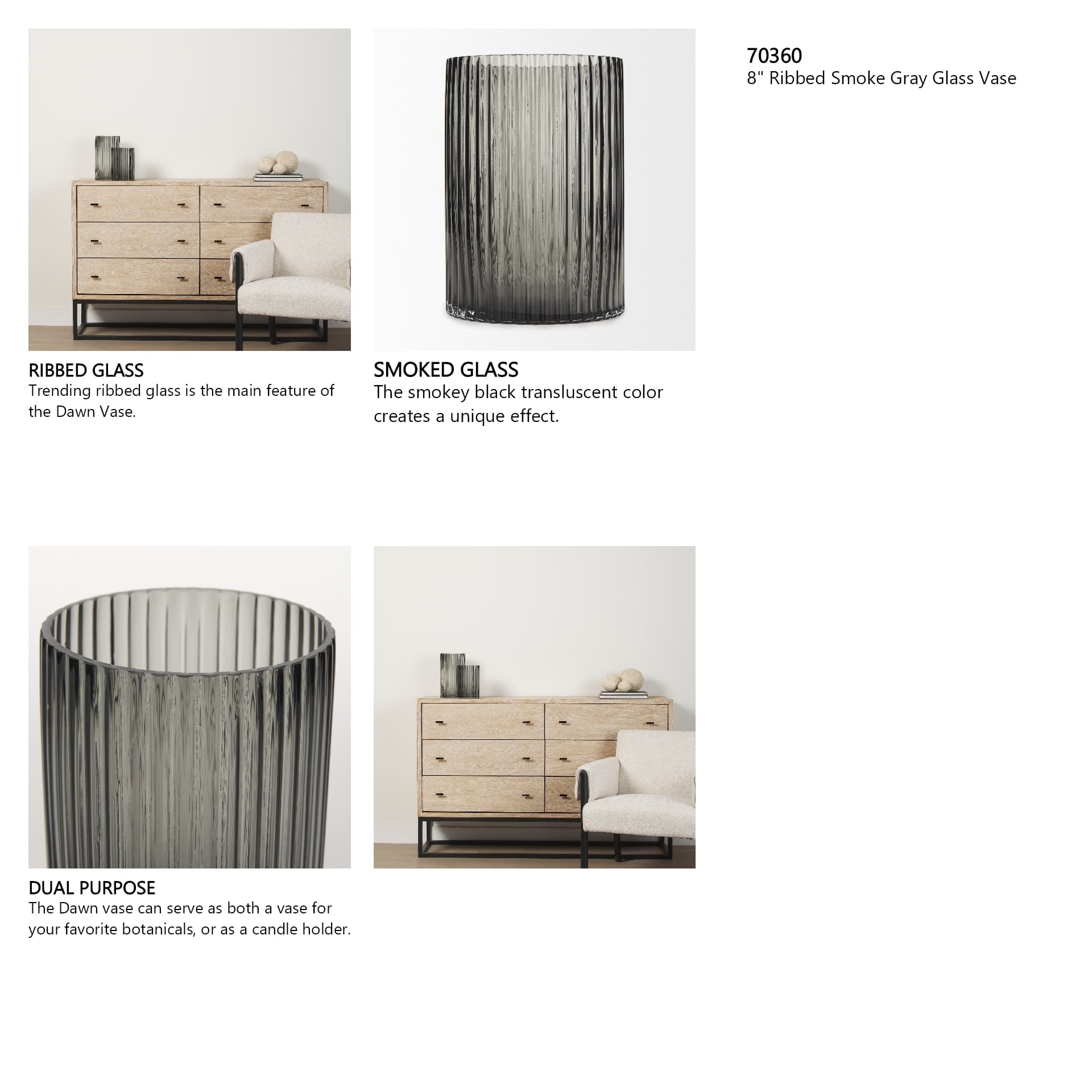 Dawn 8" Ribbed Smoke Gray Glass Vase — in a styled room