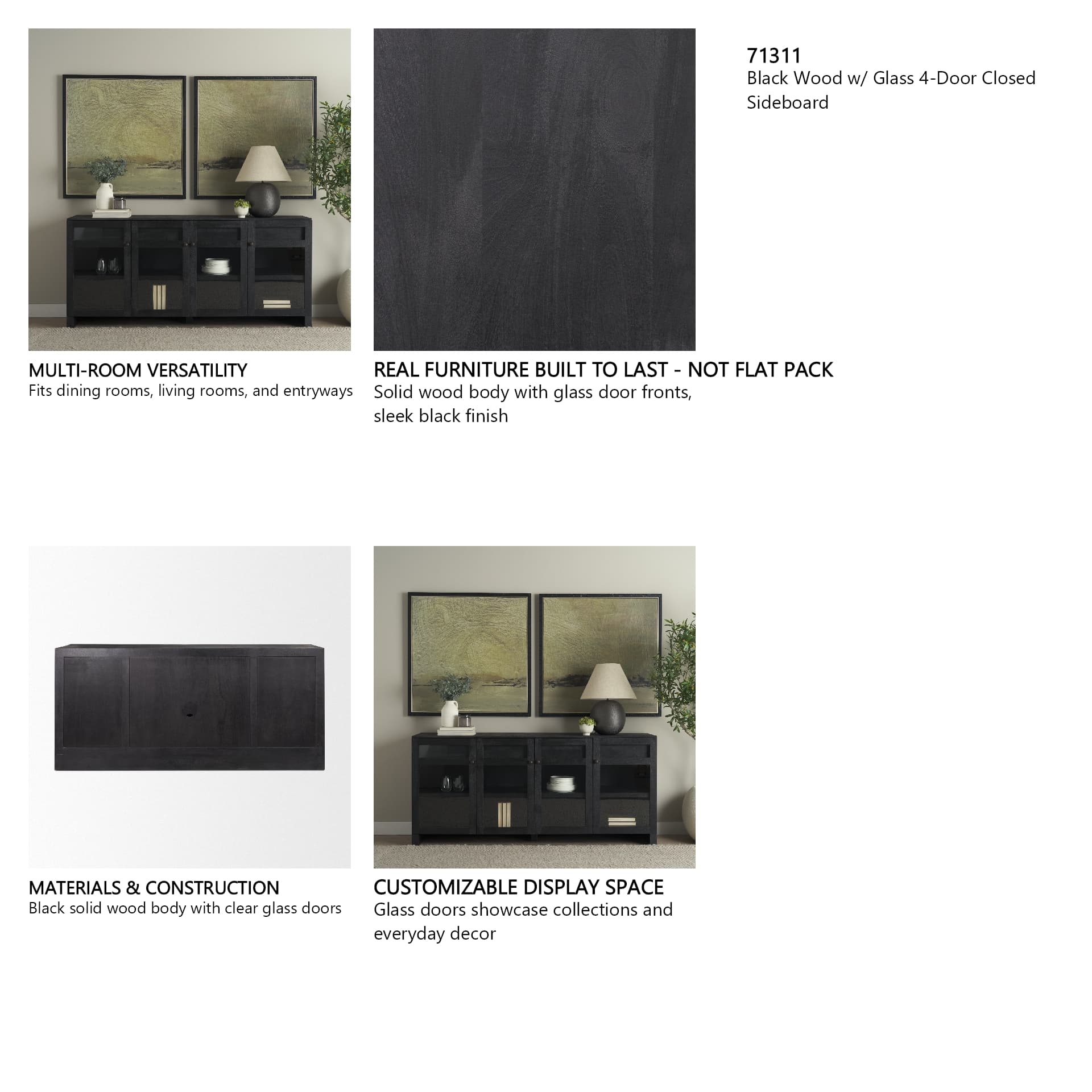 Suri Black Wood w/ Glass 4-Door Closed Sideboard — product photograph