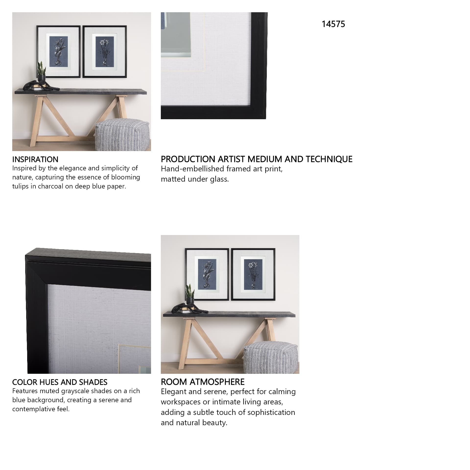Botanical sketches I (Blue) by Mercana Studio Hand Embellished Framed Art Print Matted under Glass — in a styled room
