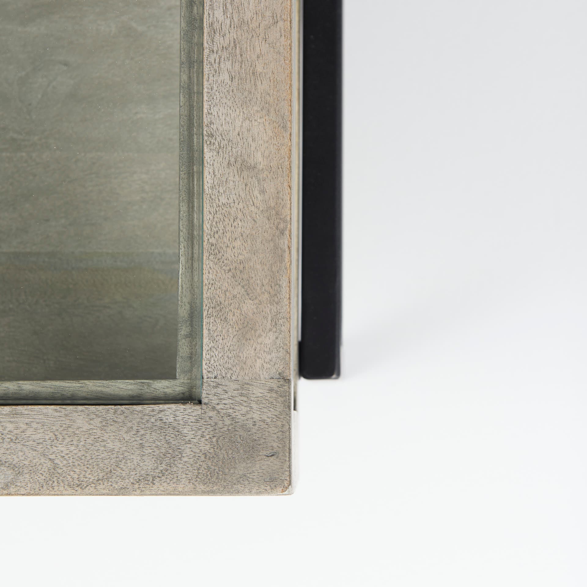 Arelius 42" Square Glass-Top Gray Wood w/ Black Metal Base Display Coffee Table — product photograph