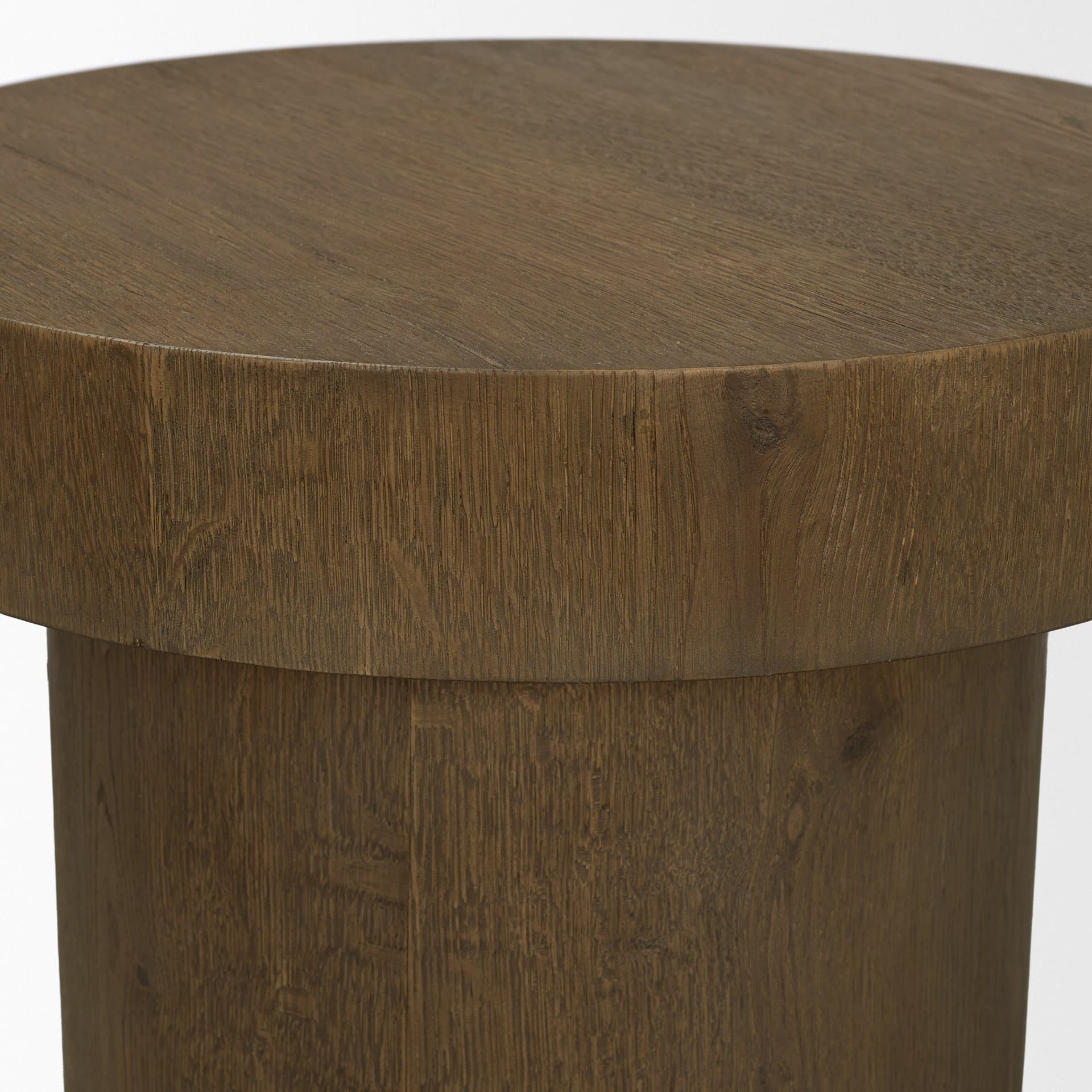 Lyonne Round Medium Brown Oak Wood Pedestal Side Tables — product photograph