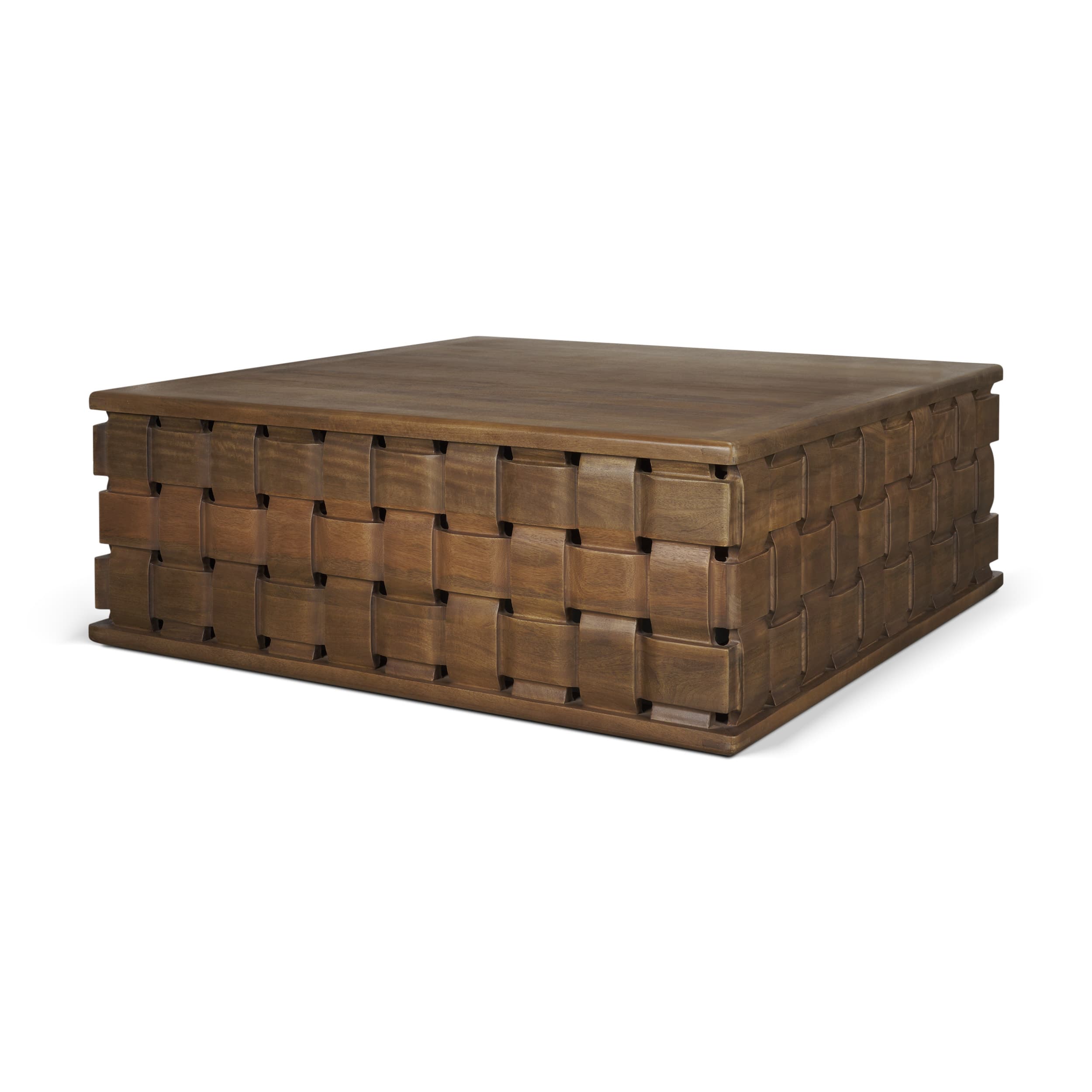 Trellyn 48" Dark Brown Wood w/ Carved Woven Base Square Coffee Table — product photograph