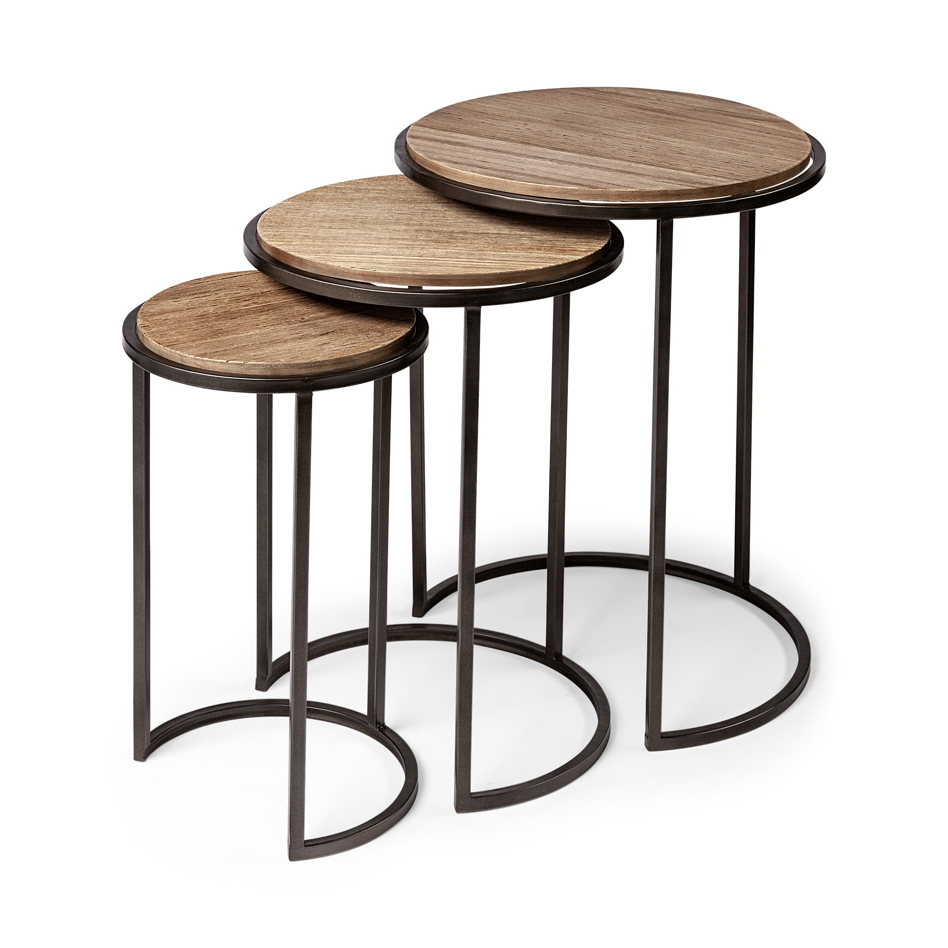 Glover (Set of 3) 20L x 20W Brown Wood Round Top W/Metal Nesting Accent Tables — product photograph