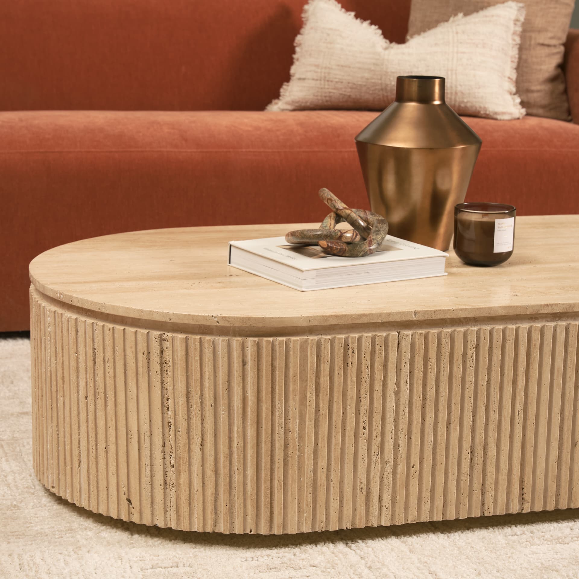 Elara Ribbed Oblong Travertine Coffee Table — product photograph