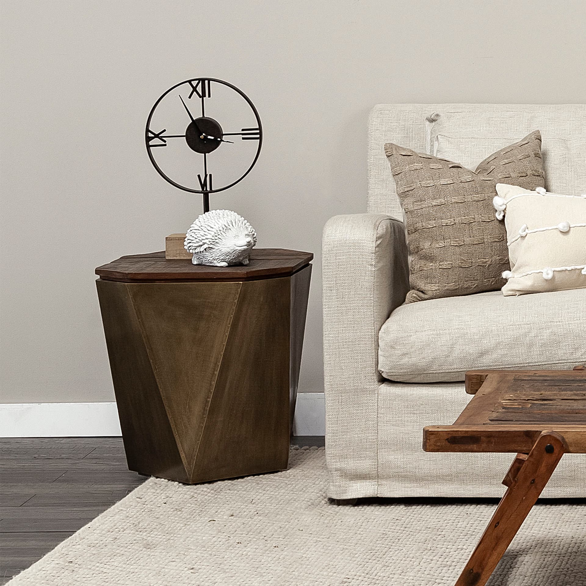 Esagono Octagonal Gold Metal-Clad Reclaimed Wood End/Side Table w/ Storage — product photograph