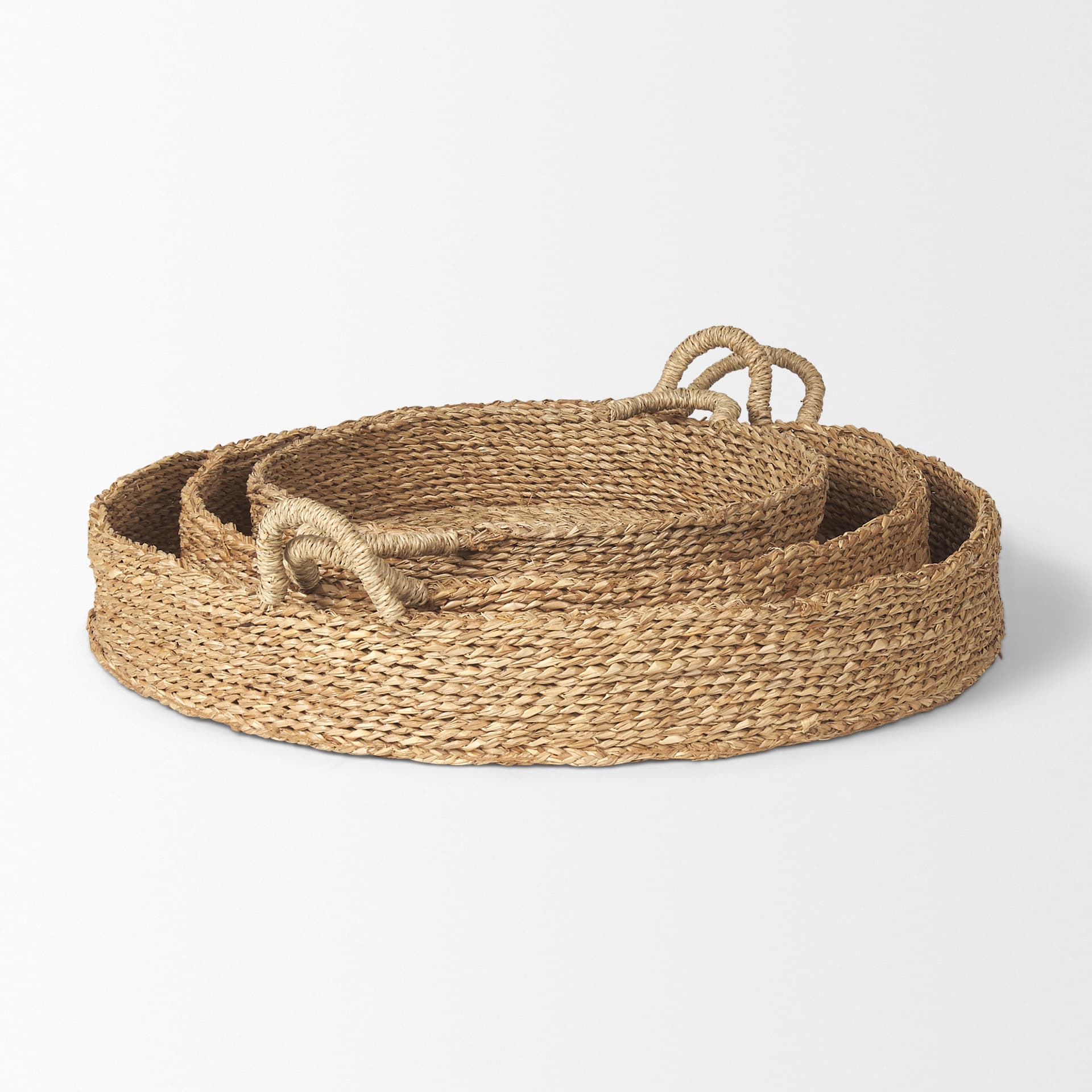 Ulana Set of 3 Round Nesting Seagrass Trays w/ Loop Handles — product photograph