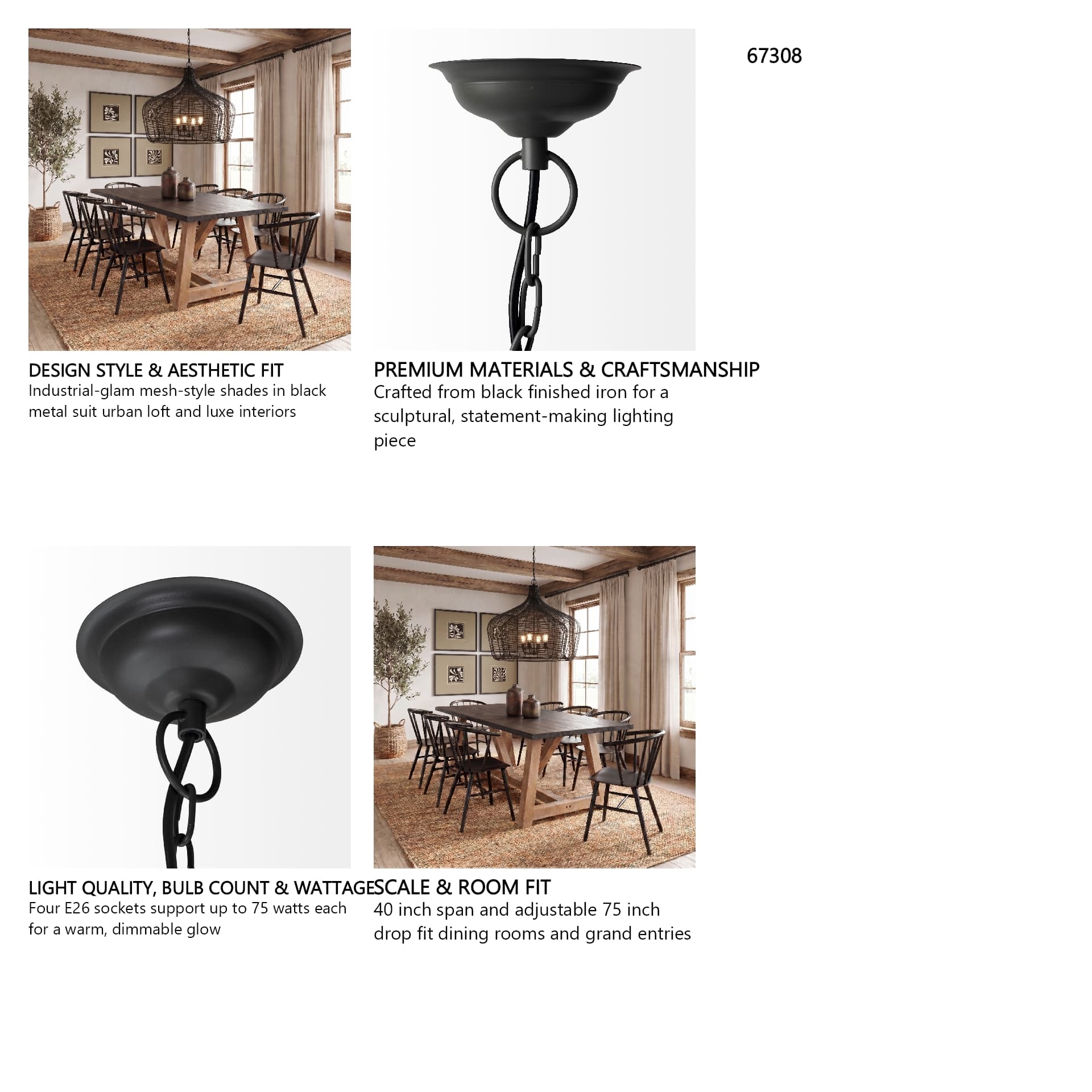 Camila (40"x31") Black Metal Mesh-Style Four Bulb Chandelier — in a styled room
