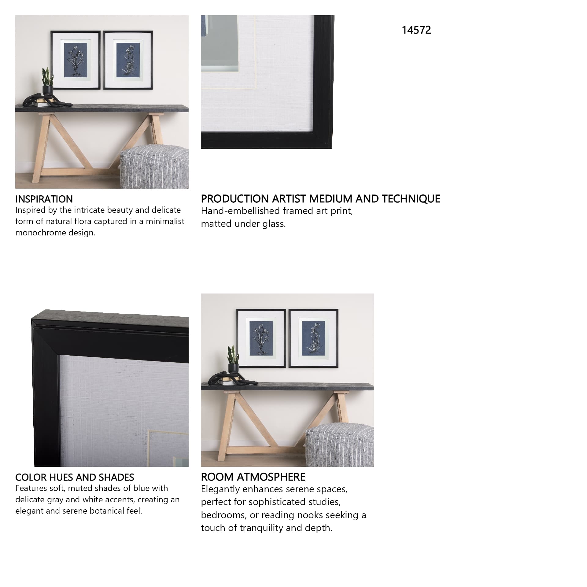 Botanical sketches IV (Blue) by Mercana Studio Hand Embellished Framed Art Print Matted under Glass — in a styled room