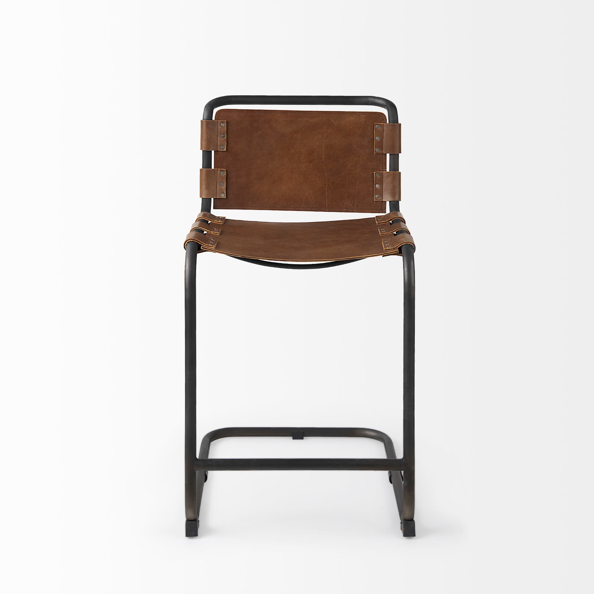 Berbick Low Back 26in Seat Counter Stool | Brown Leather w/ Gray Metal — product photograph