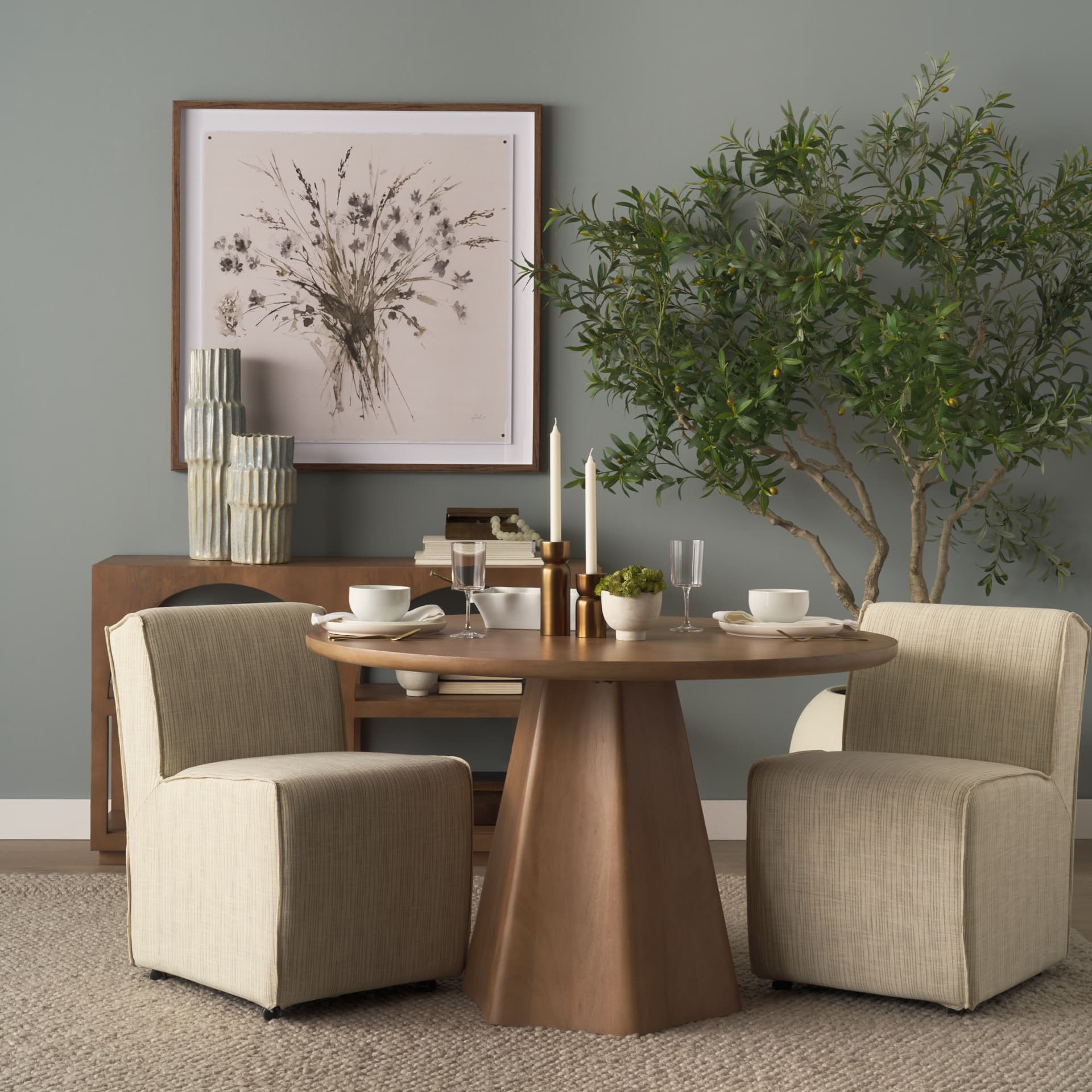 Damon Barrel Back Dining Arm Chair | Cream Fabric w/ Caster Base — product photograph