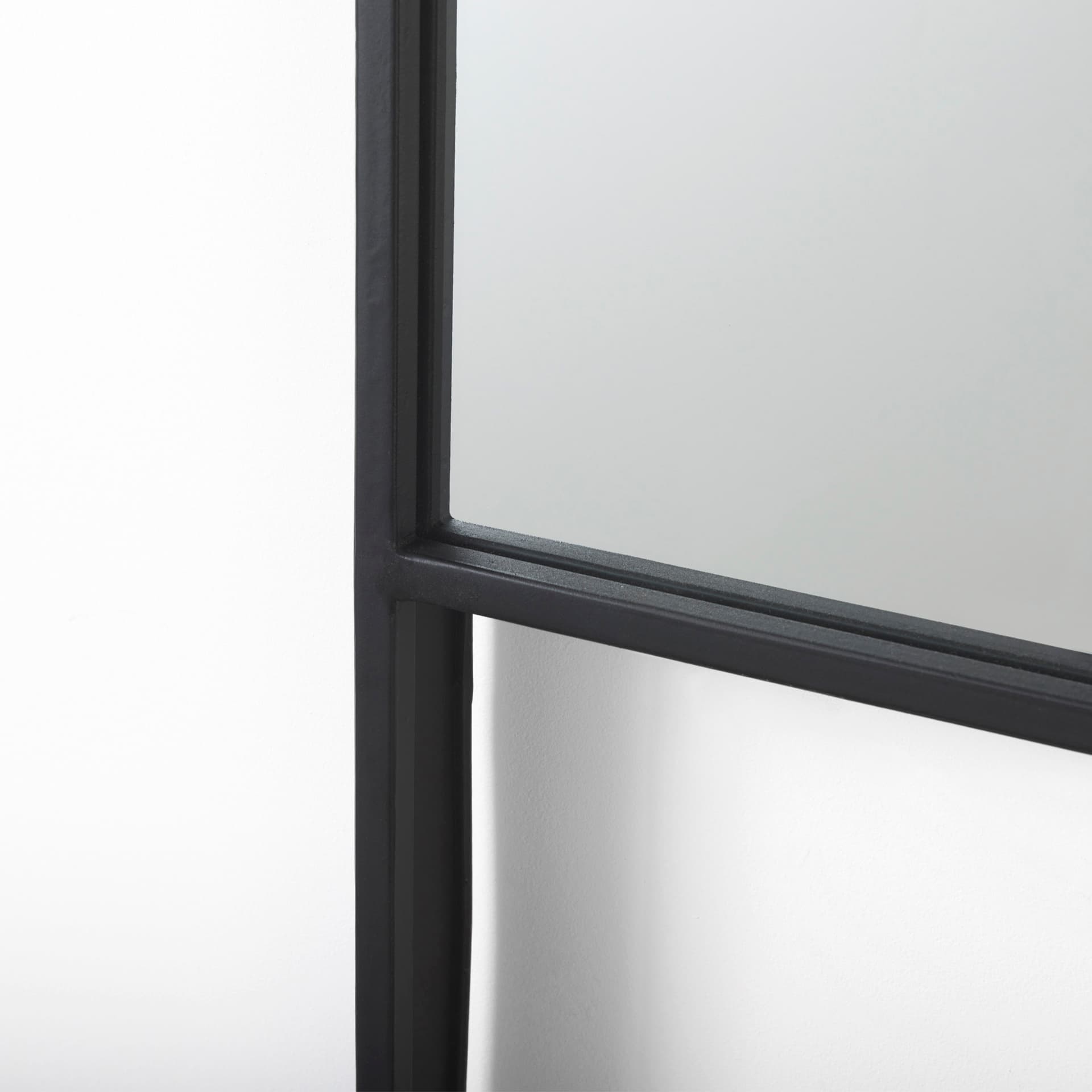 Cora 24.0L x 3.9W x 40.0H Black Metal Frame W/ Brown Wooden Shelf Arched Wall Mirror — product photograph