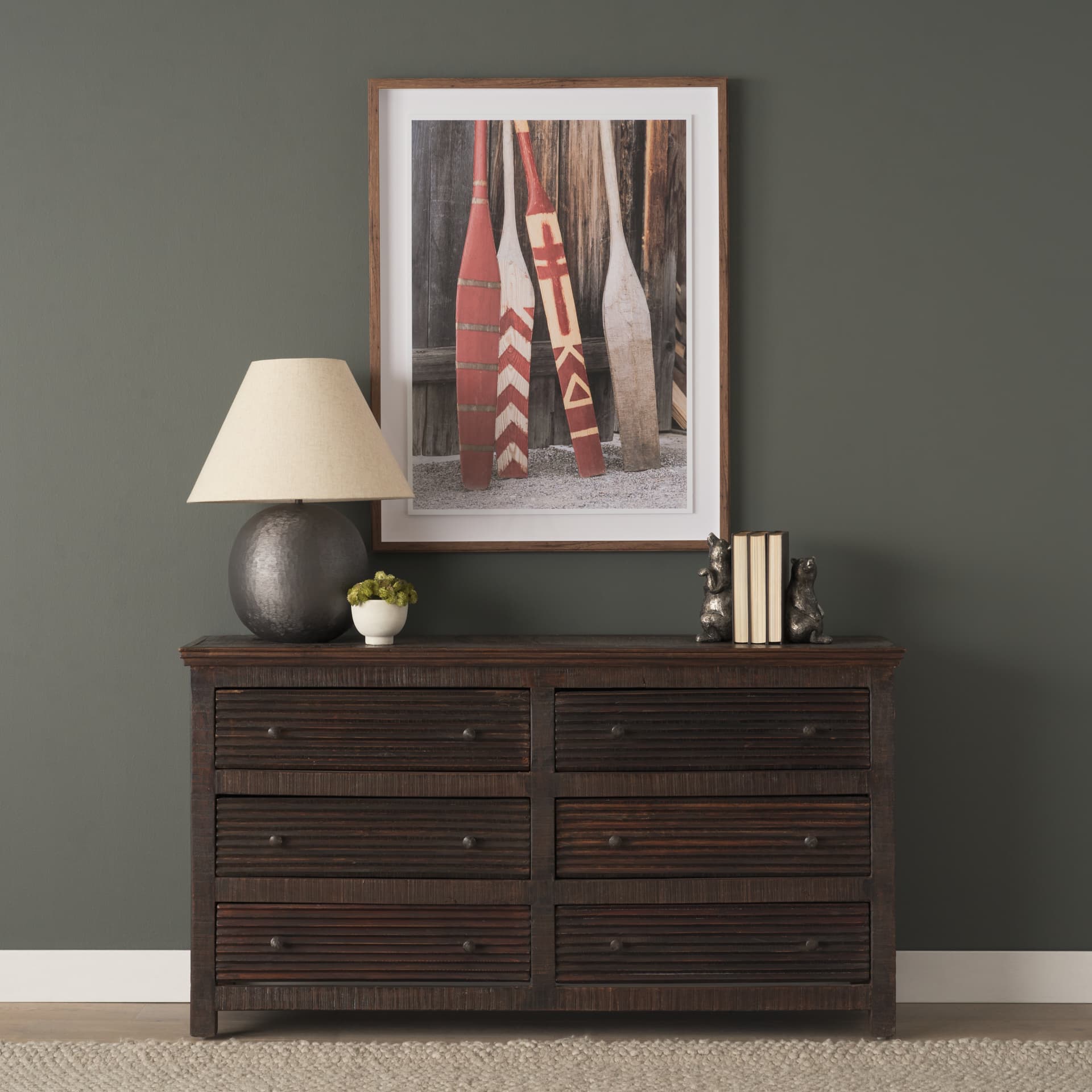 Canoe Paddles by Deborah Revell Hand Embelished Framed Art Print Matted under Glass — in a styled room