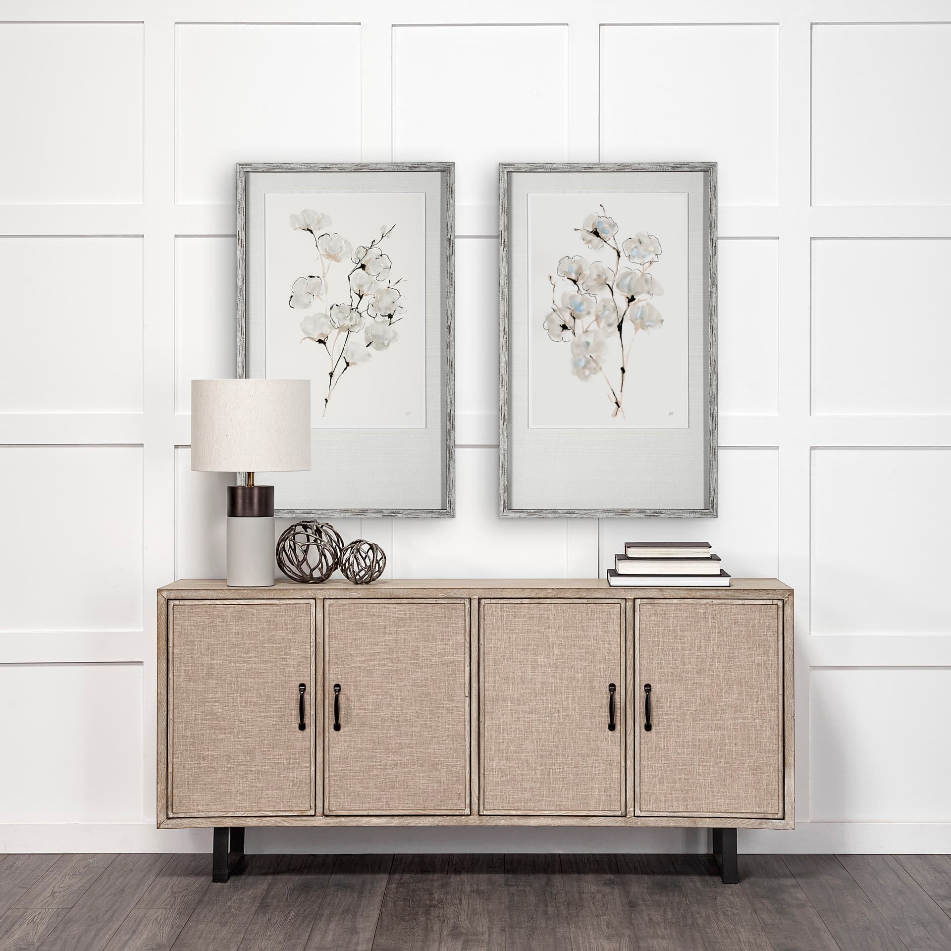 Summer Cotton III by Chris Paschke a Hand Embellished Textured Framed Art Print Matted under Glass — in a styled room