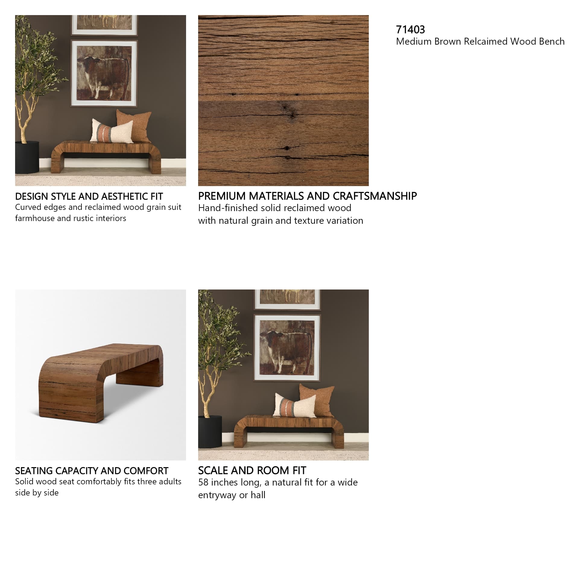 Denton Medium Brown Relcaimed Wood Bench — in a styled room