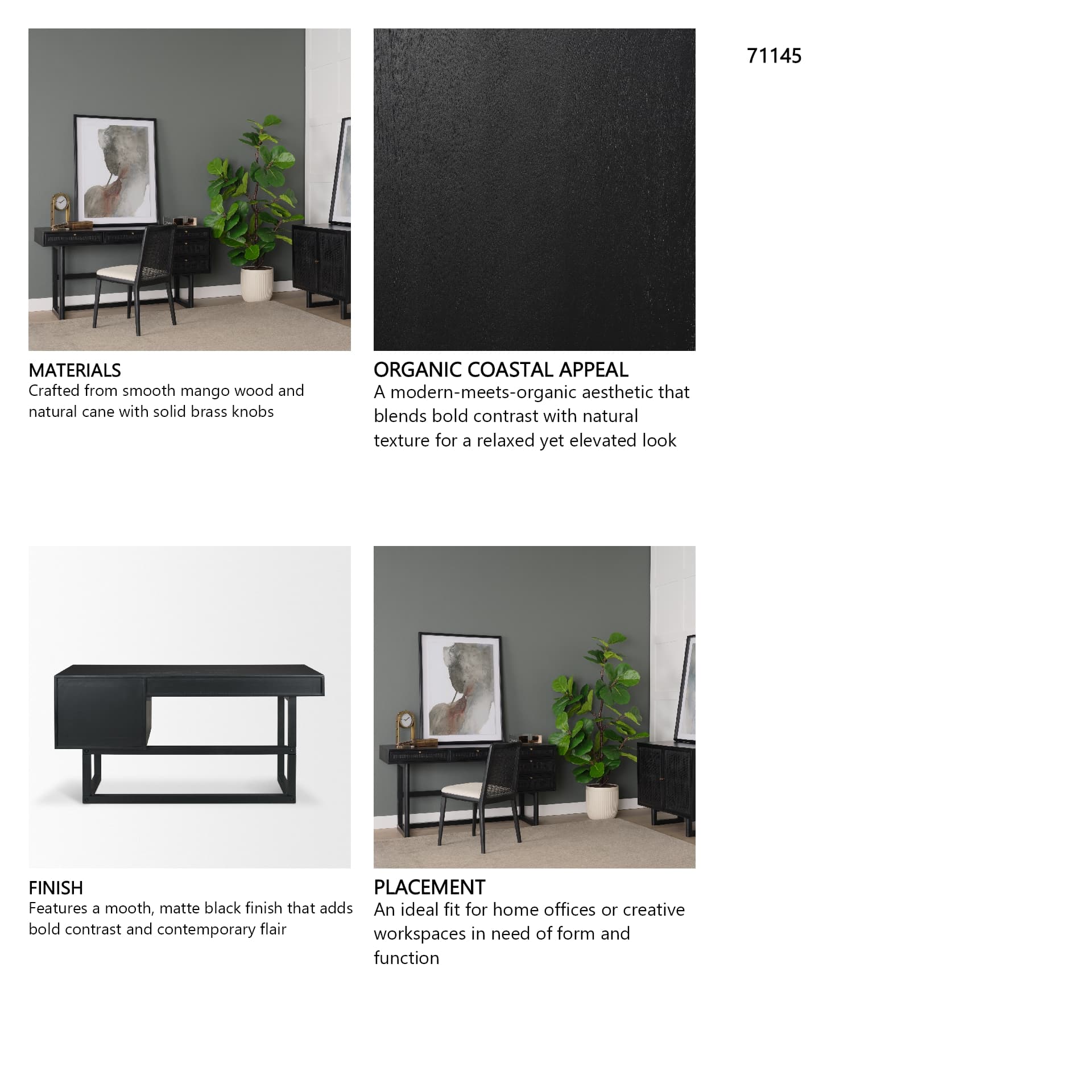 Grier 60" Black Solid Wood W/ Black Cane Office Desk — in a styled room