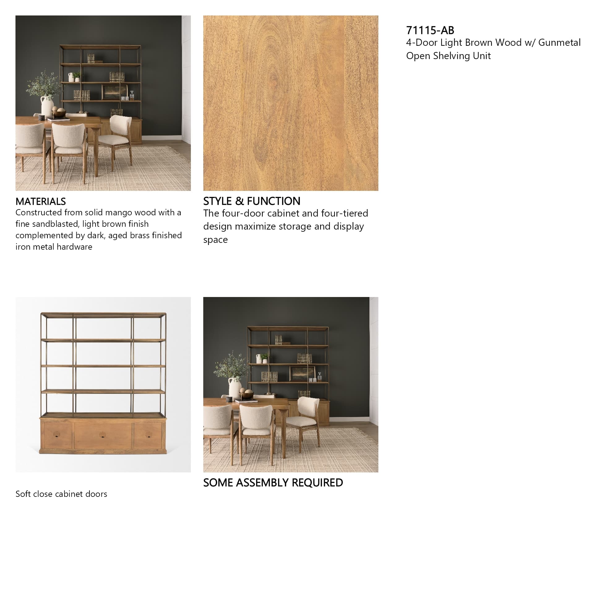 Baron 4-Door Light Brown Wood w/ Gunmetal Open Shelving Unit — in a styled room
