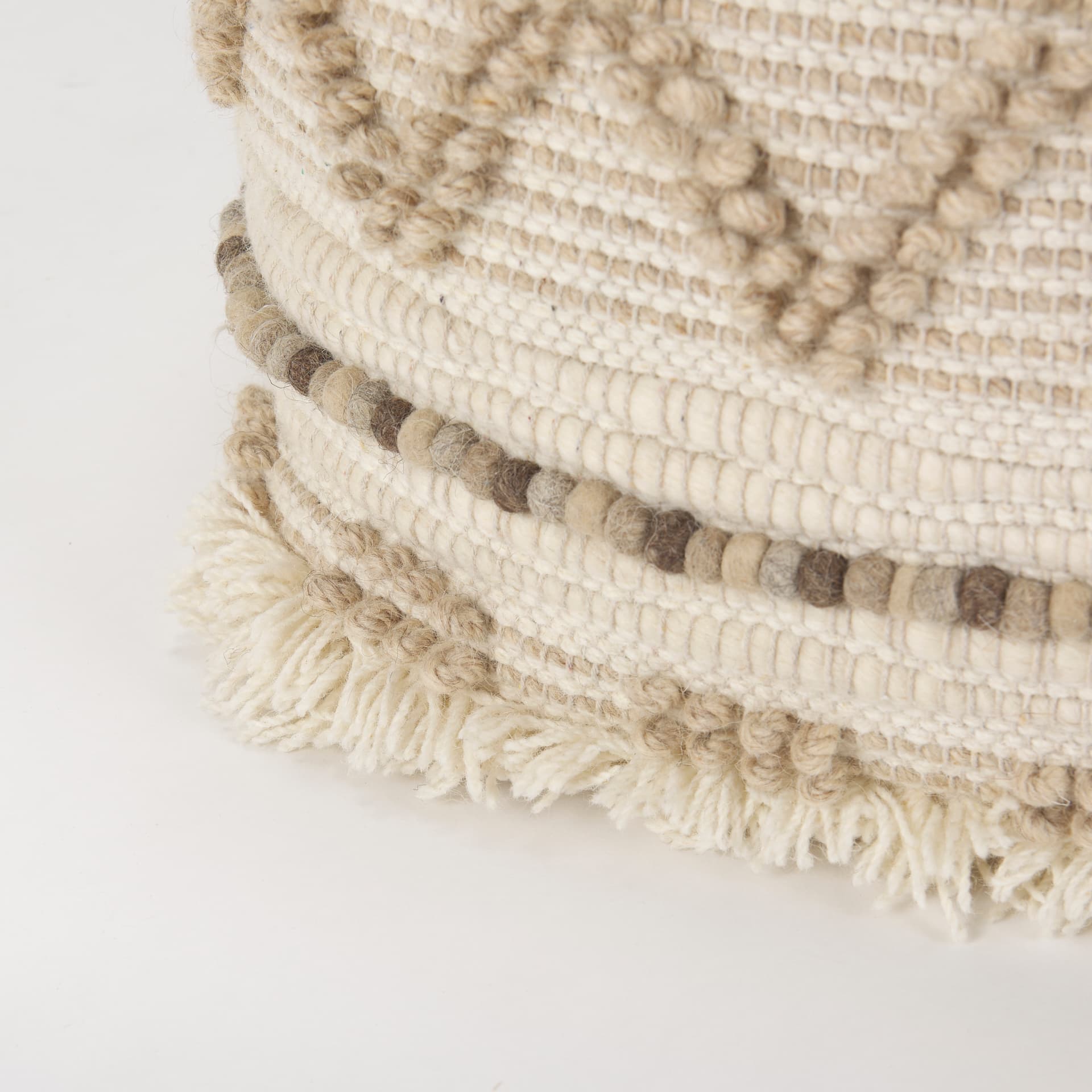 Caela Beige/Brown Wool, Cotton and Felt Popcorn Stitch Square Pouf — product photograph