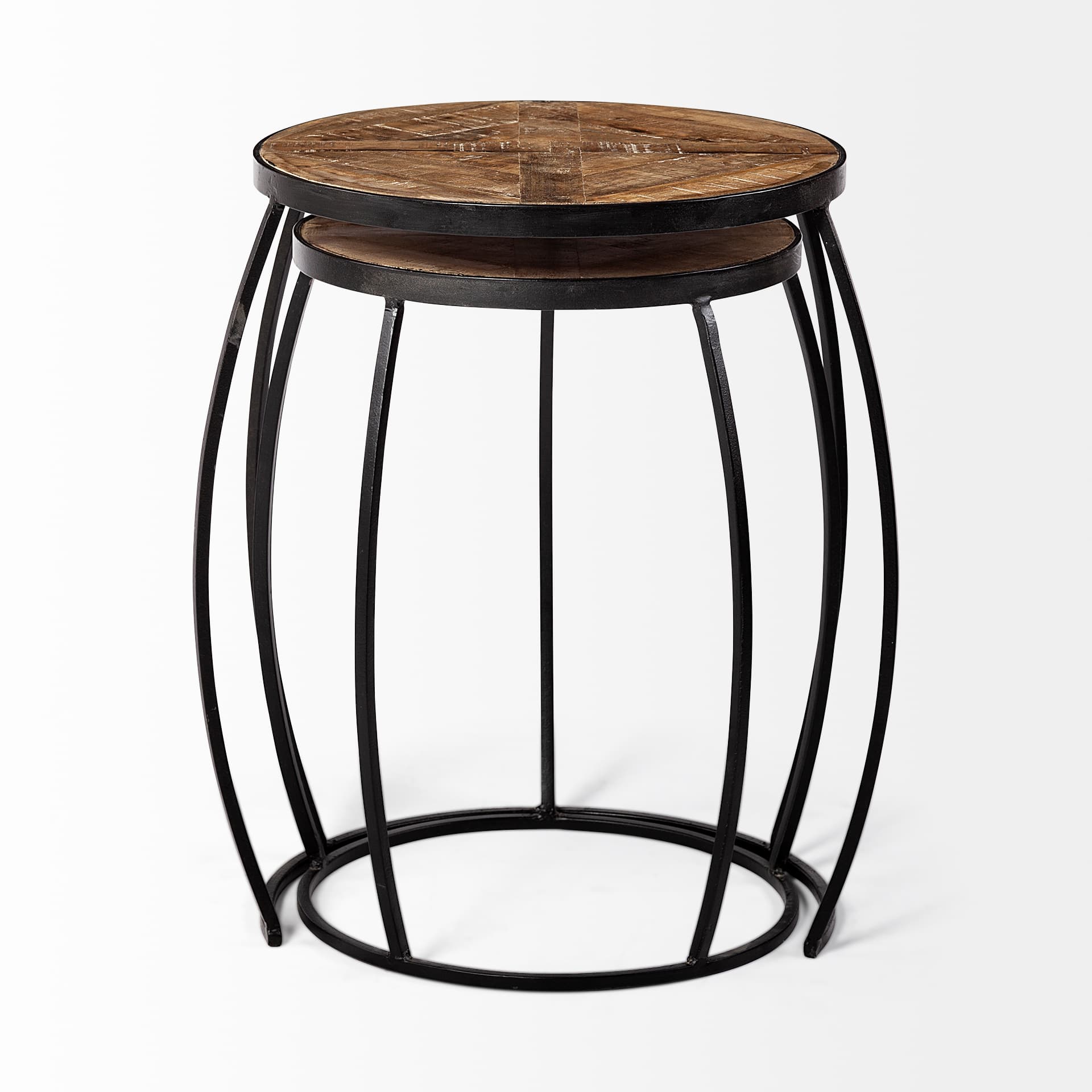 Clapp III (Set of 2) 20L x 20W Brown Round Wood Top W/ Black Metal Frame Nesting Accent Tables — product photograph