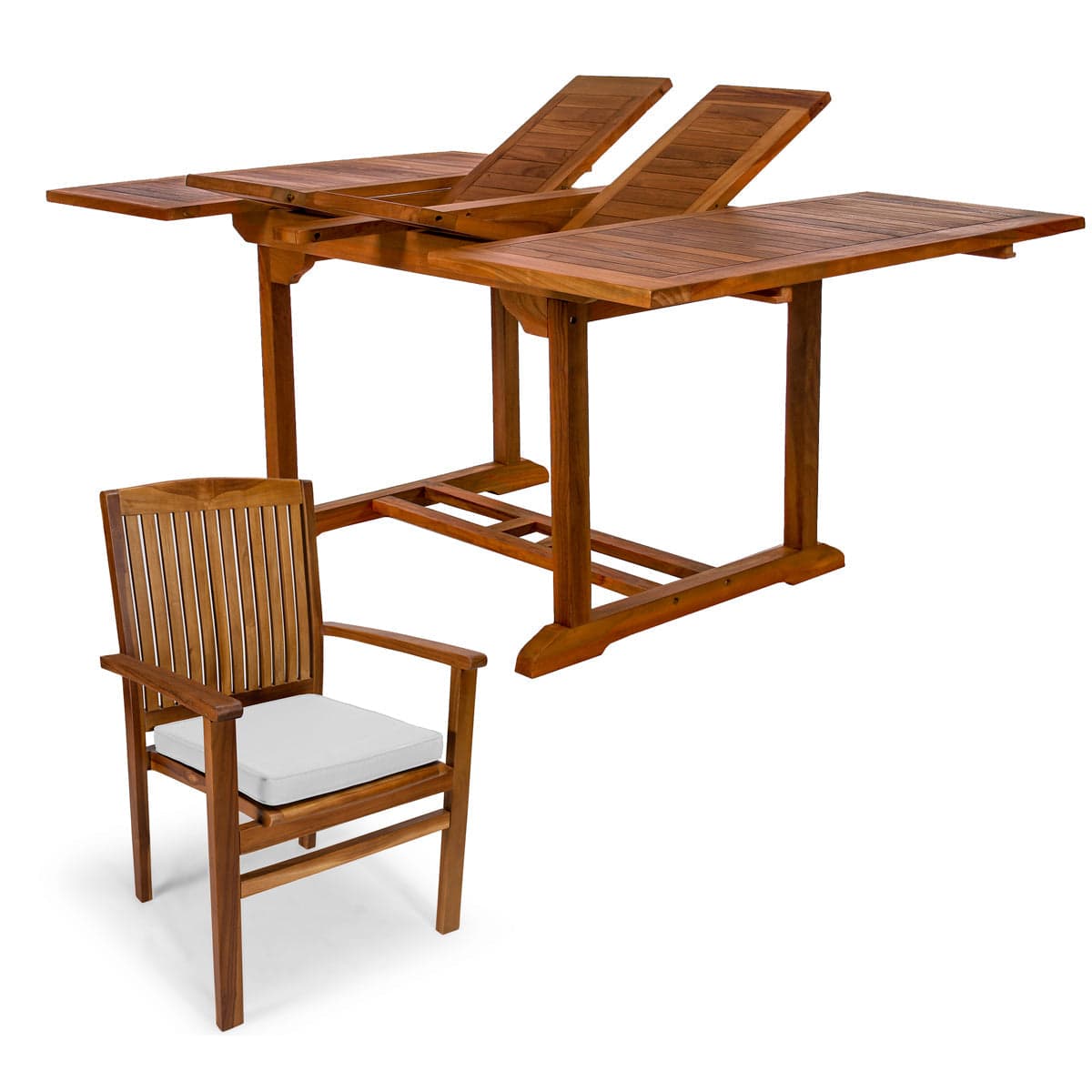 5-Piece Teak Butterfly Extension Table Stacking Chair Set with Green Cushions TD72-24-G — product photograph