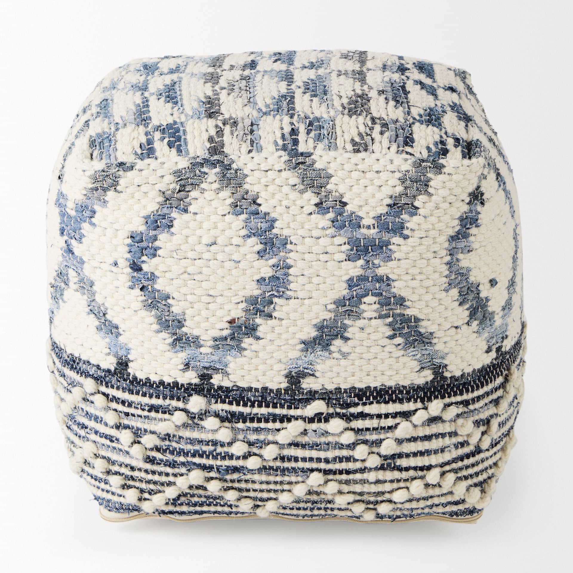 Eshana 16.0L x 16.0W x 16.0H Cream Wool and Denim Patterned Pouf — product photograph