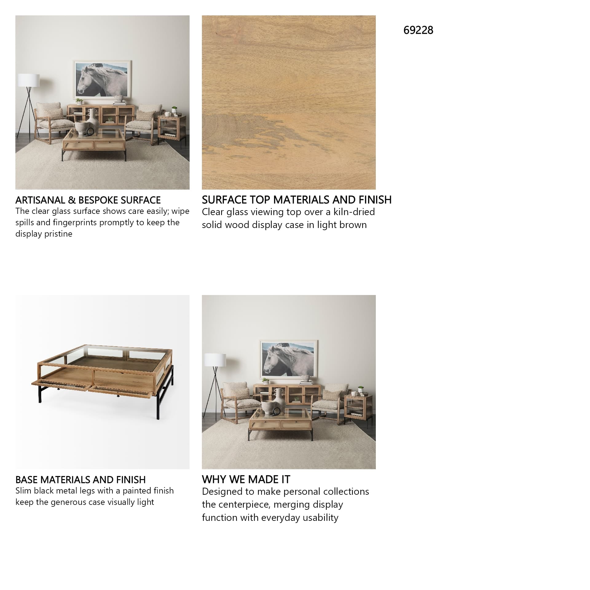 Arelius 42" Square Glass-Top Light Brown w/ Black Metal Base Display Coffee Table — product photograph