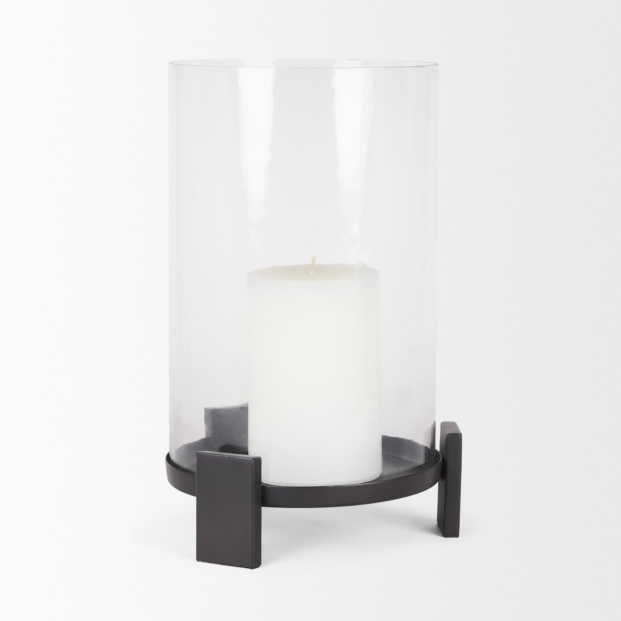 Price Large Matte Black-Brown Metal w/ Glass Hurricane Candle Holder — product photograph