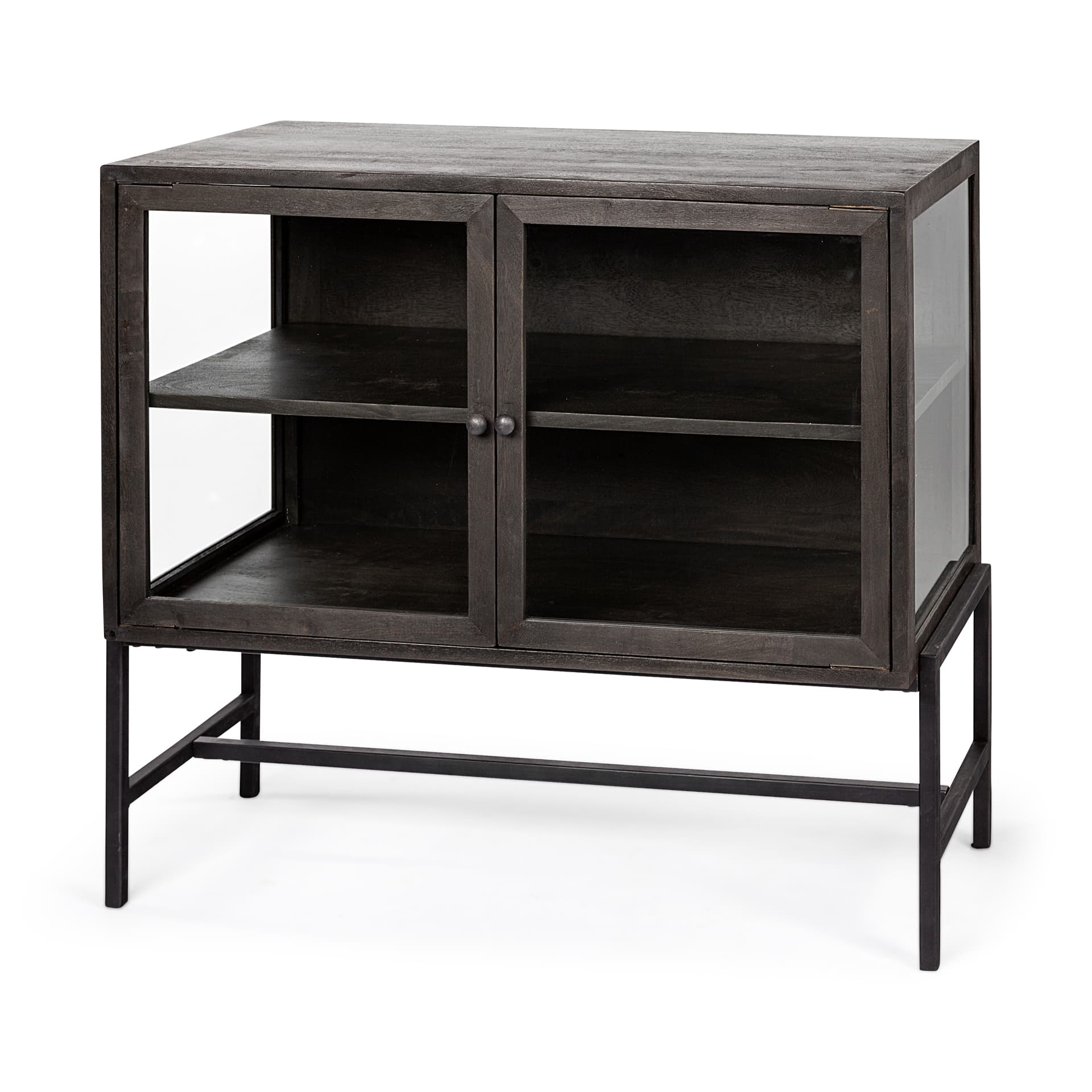 Arelius 36L x 18W Black-Brown Wood, Black Metal Base w/ 2 Glass Doors Accent Cabinet — product photograph