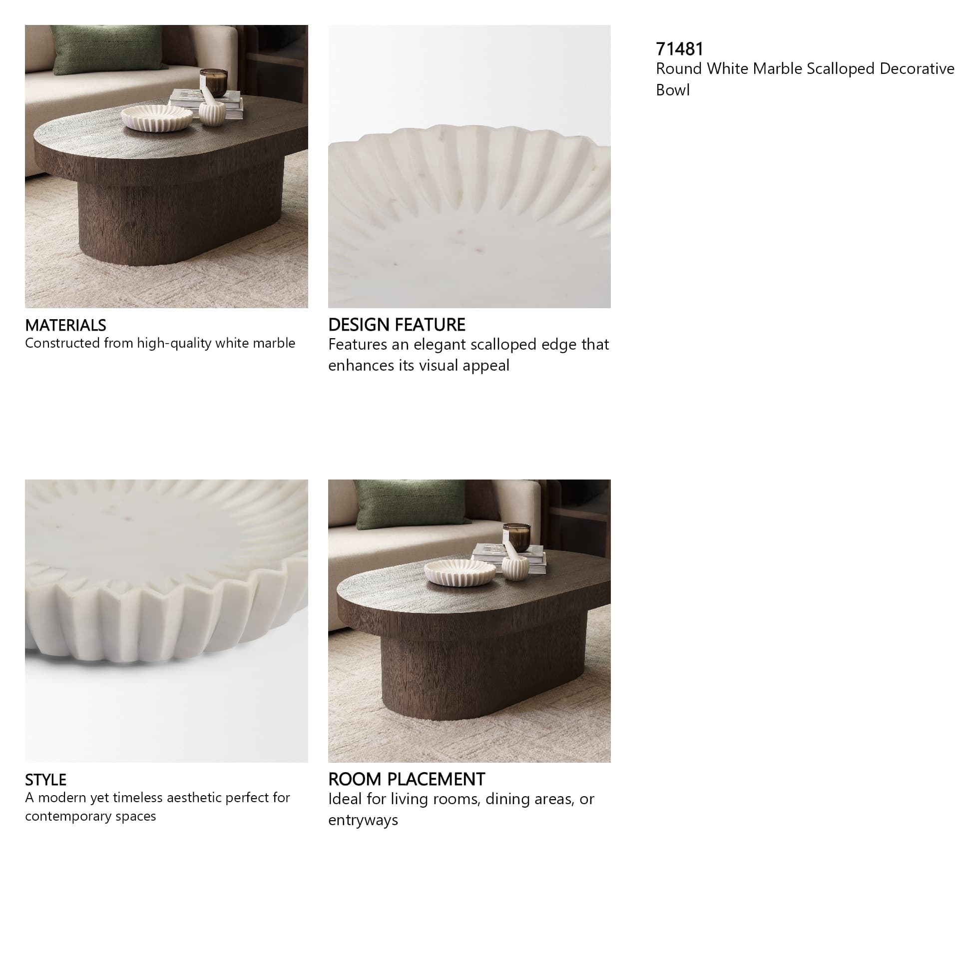 Fiora Round White Marble Scalloped Decorative Bowl — in a styled room